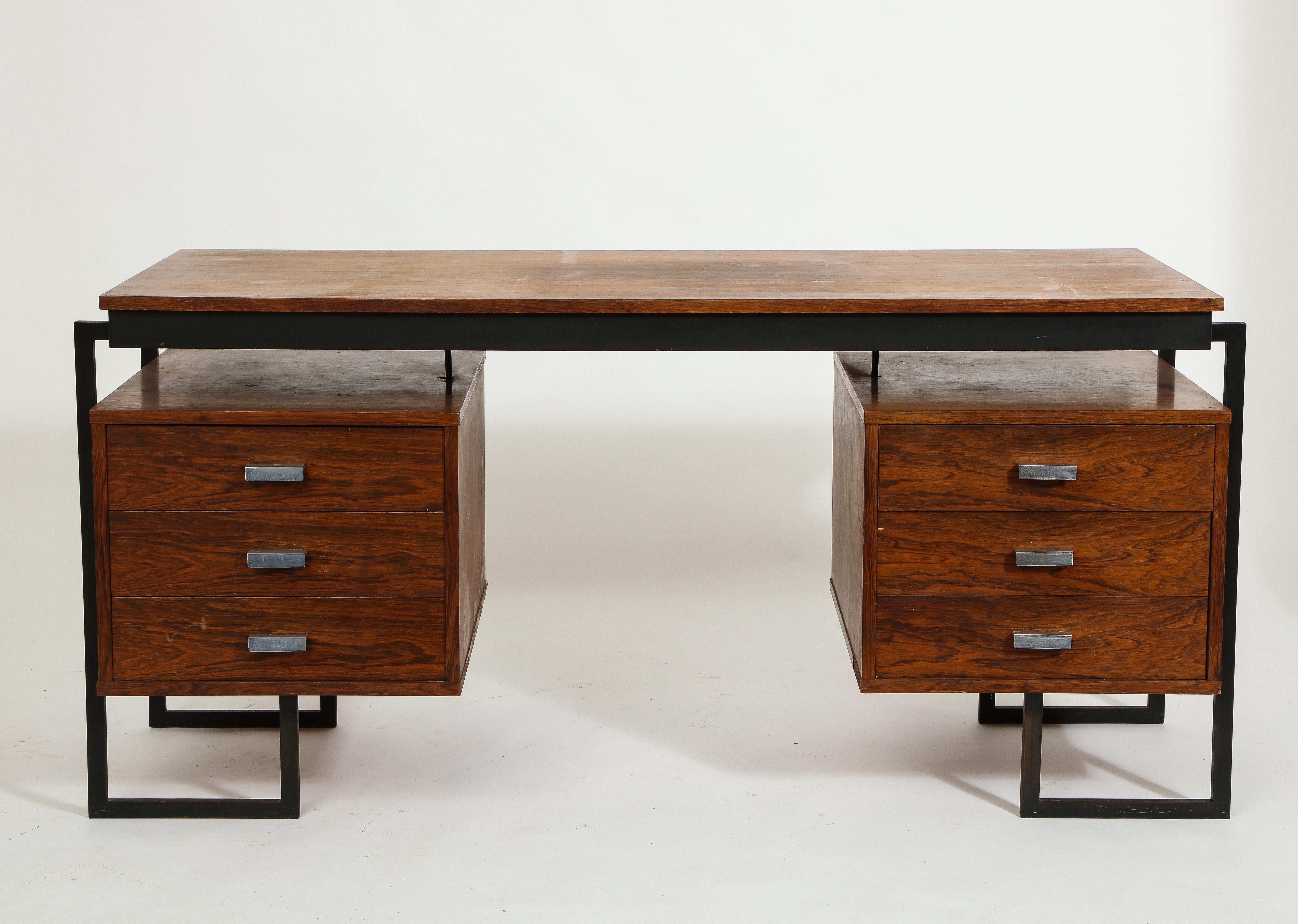 French Rosewood and Black Metal Desk, 1960s In Good Condition In New York, NY