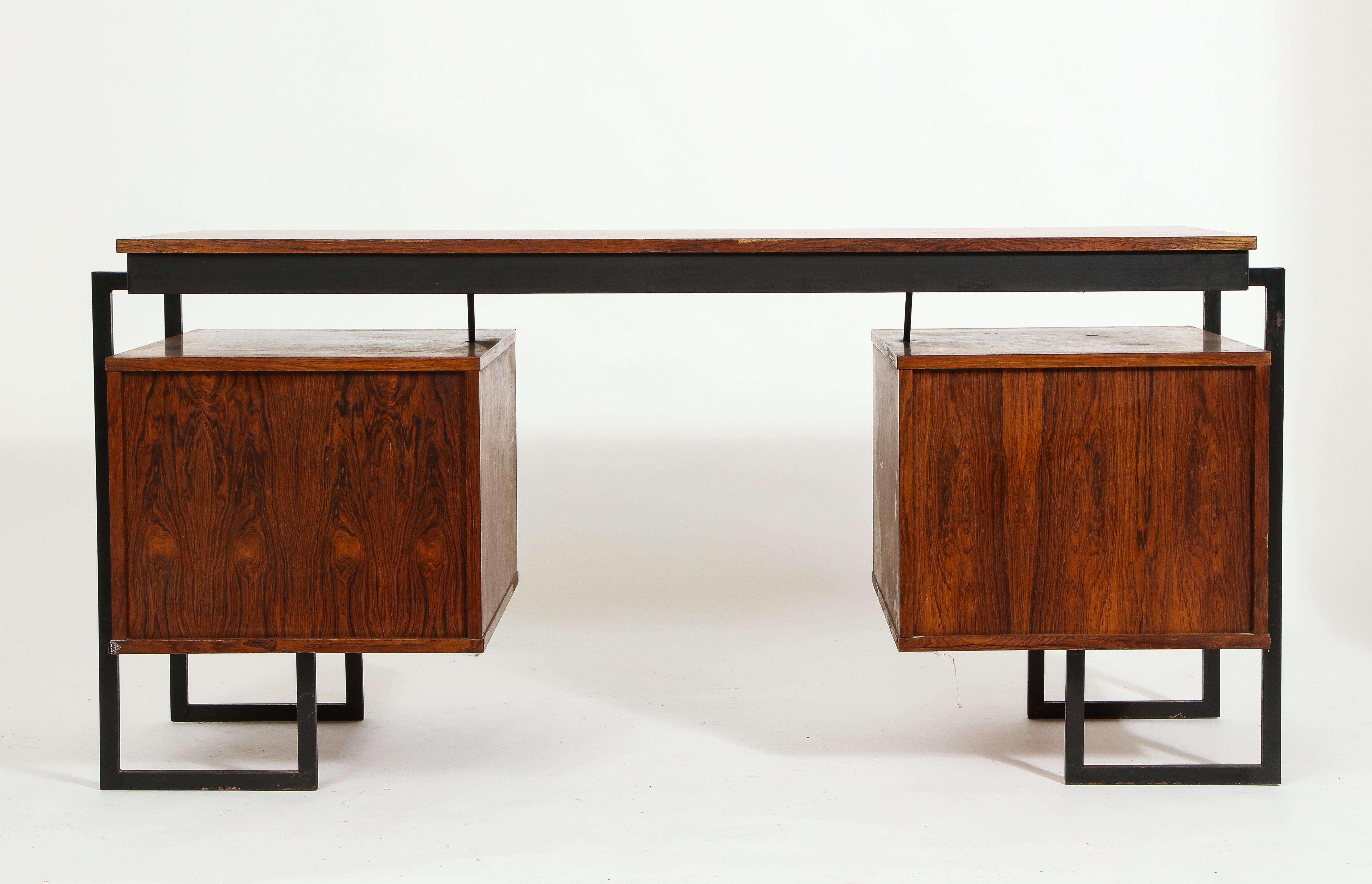 French Rosewood and Black Metal Desk, 1960s 2