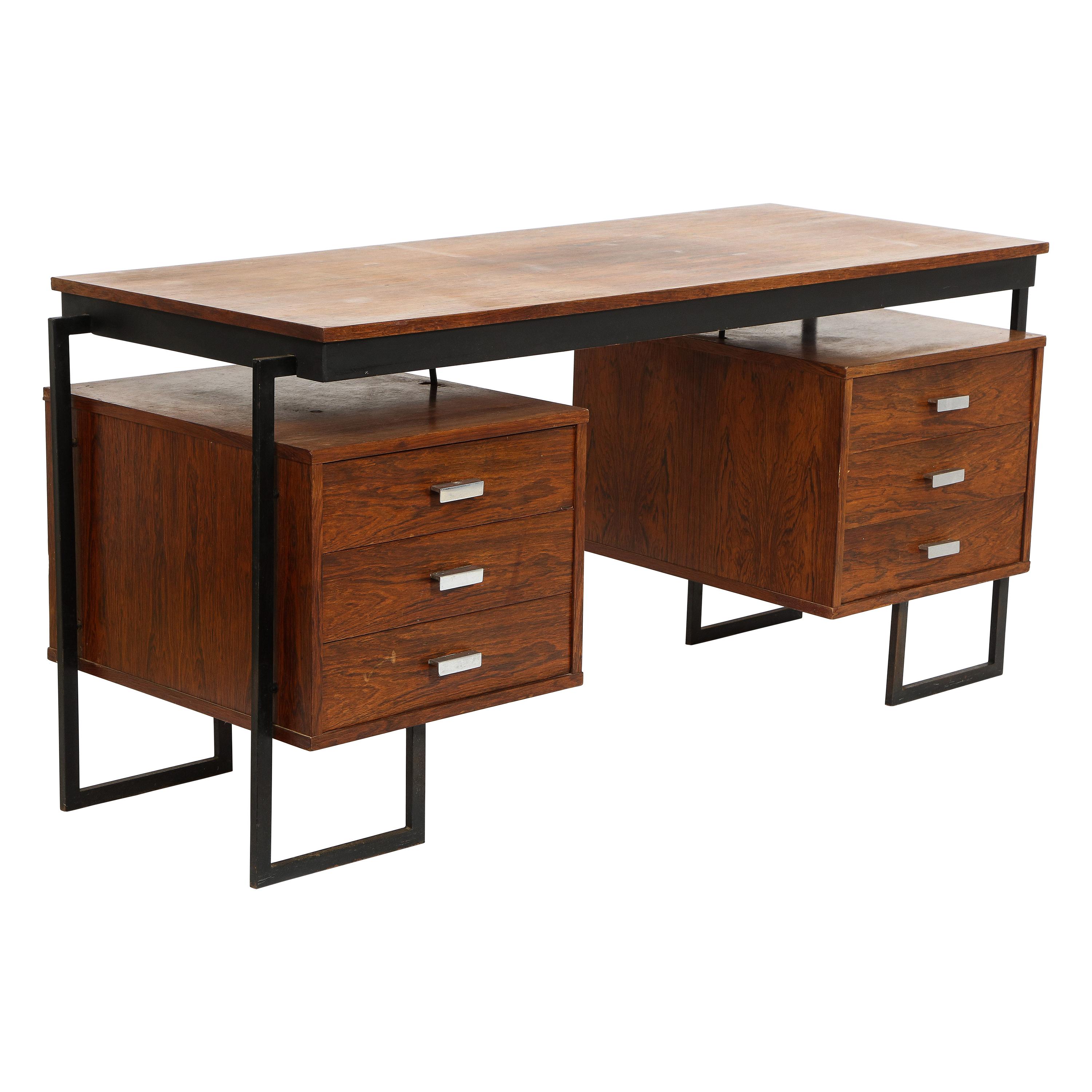 French Rosewood and Black Metal Desk, 1960s