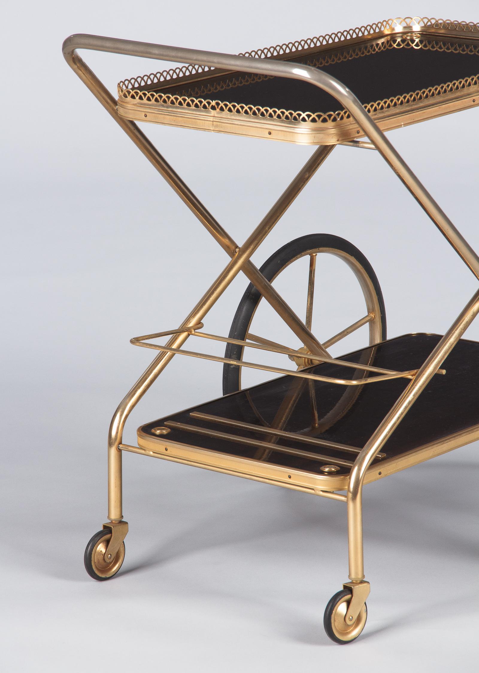 Plated French Rosewood and Brass Folding Bar Cart, 1980s