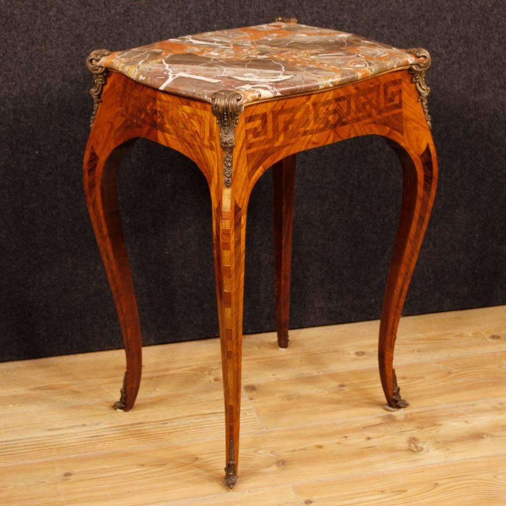 Inlay French Rosewood and Palisander Inlaid Louis XV Style Side Table with Marble Top