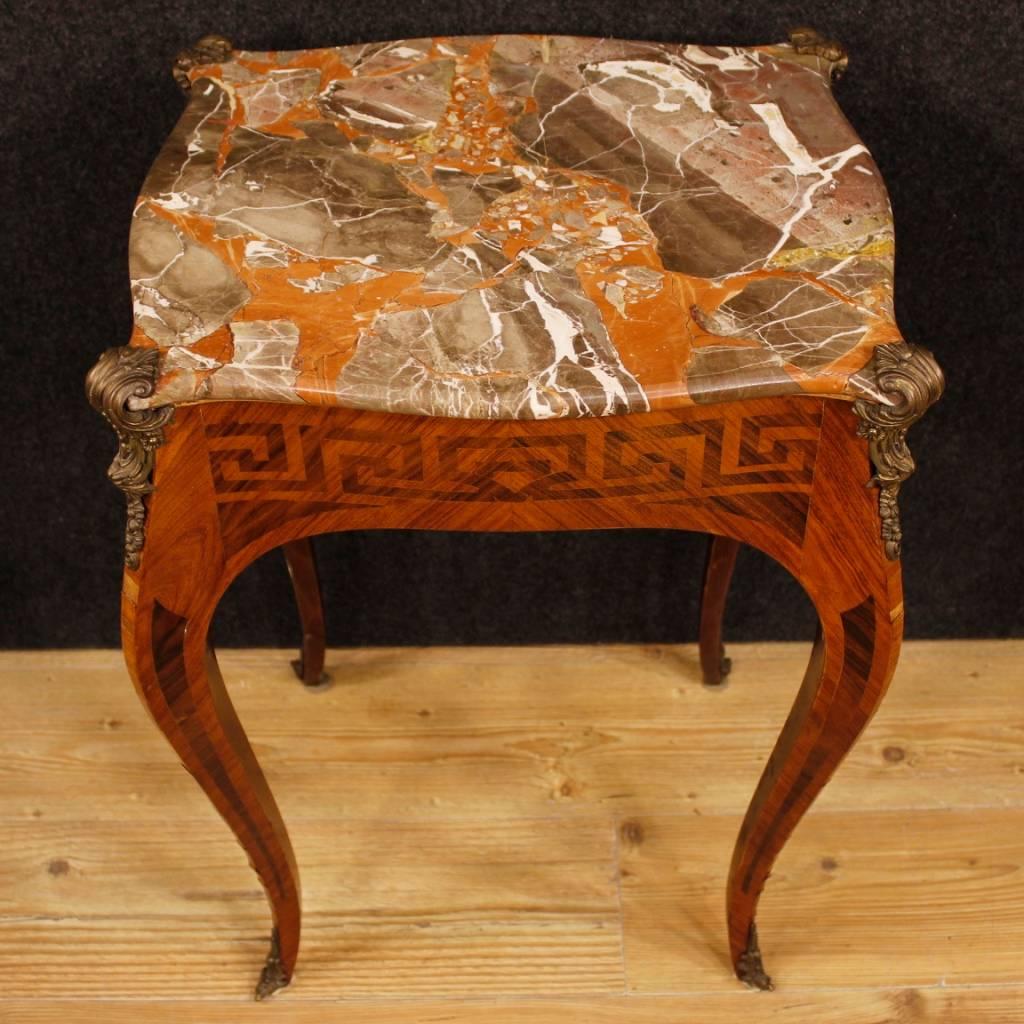 Mid-20th Century French Rosewood and Palisander Inlaid Louis XV Style Side Table with Marble Top