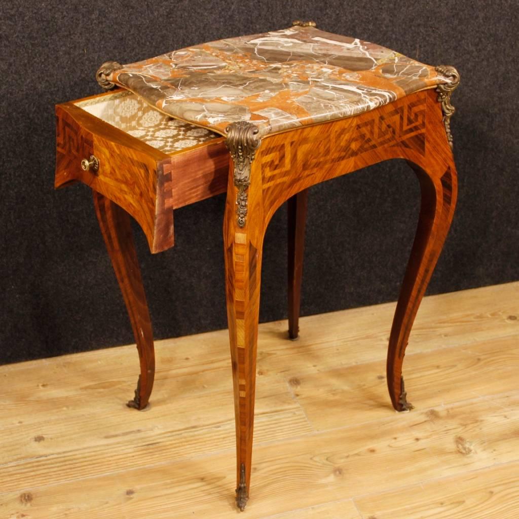 French Rosewood and Palisander Inlaid Louis XV Style Side Table with Marble Top 1