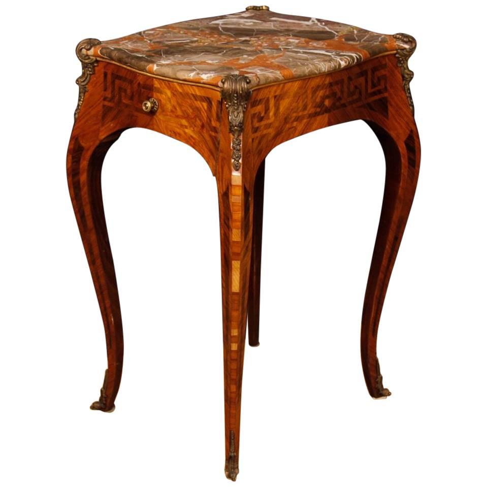 French Rosewood and Palisander Inlaid Louis XV Style Side Table with Marble Top