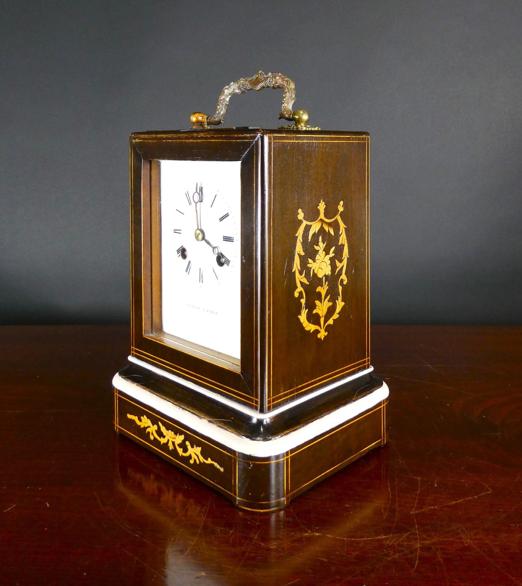 French Rosewood Campaign Clock, Savoine a Paris In Good Condition For Sale In Norwich, GB