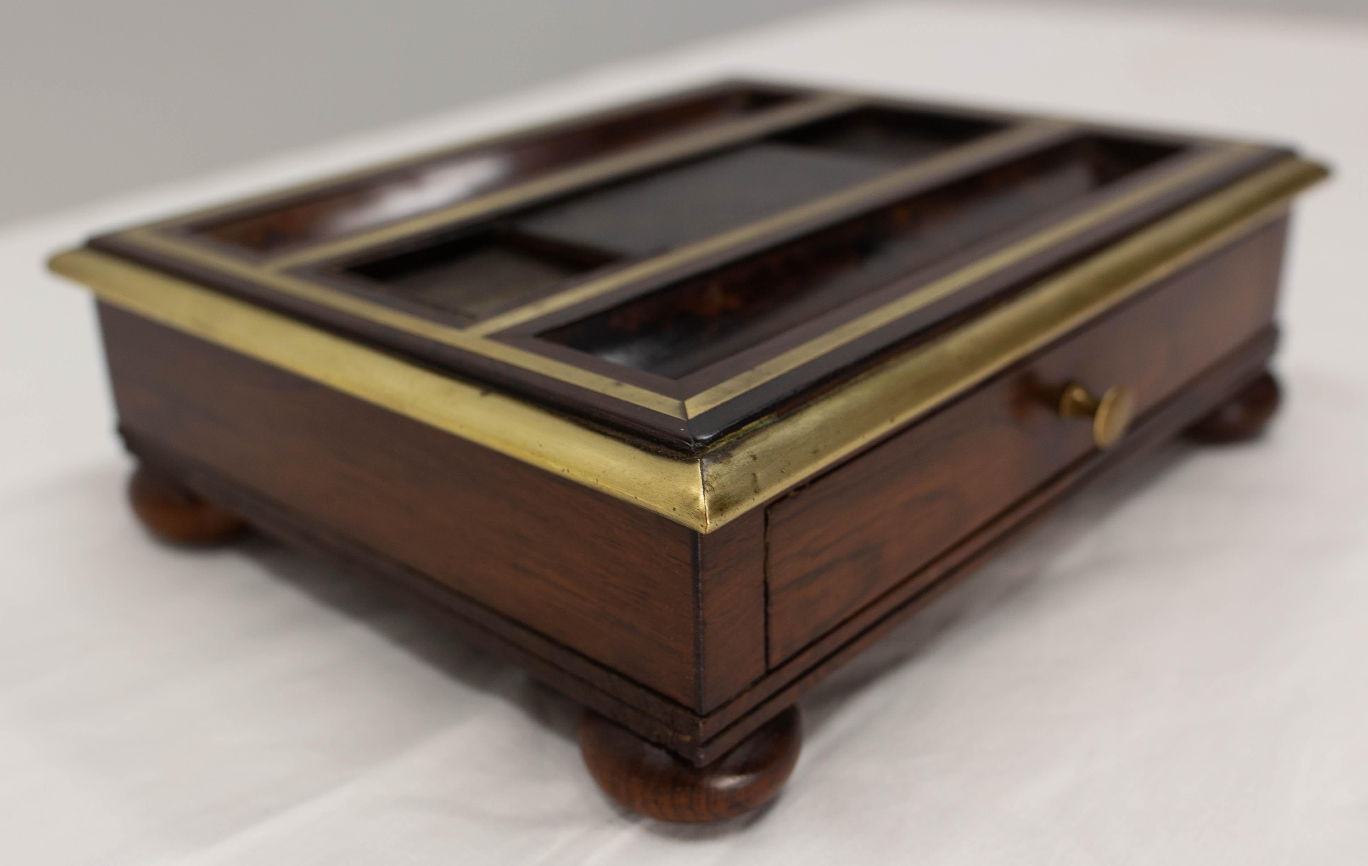 Brass French Rosewood Desk Box for Pencils & Office Materials One Drawer, Late 19th C For Sale