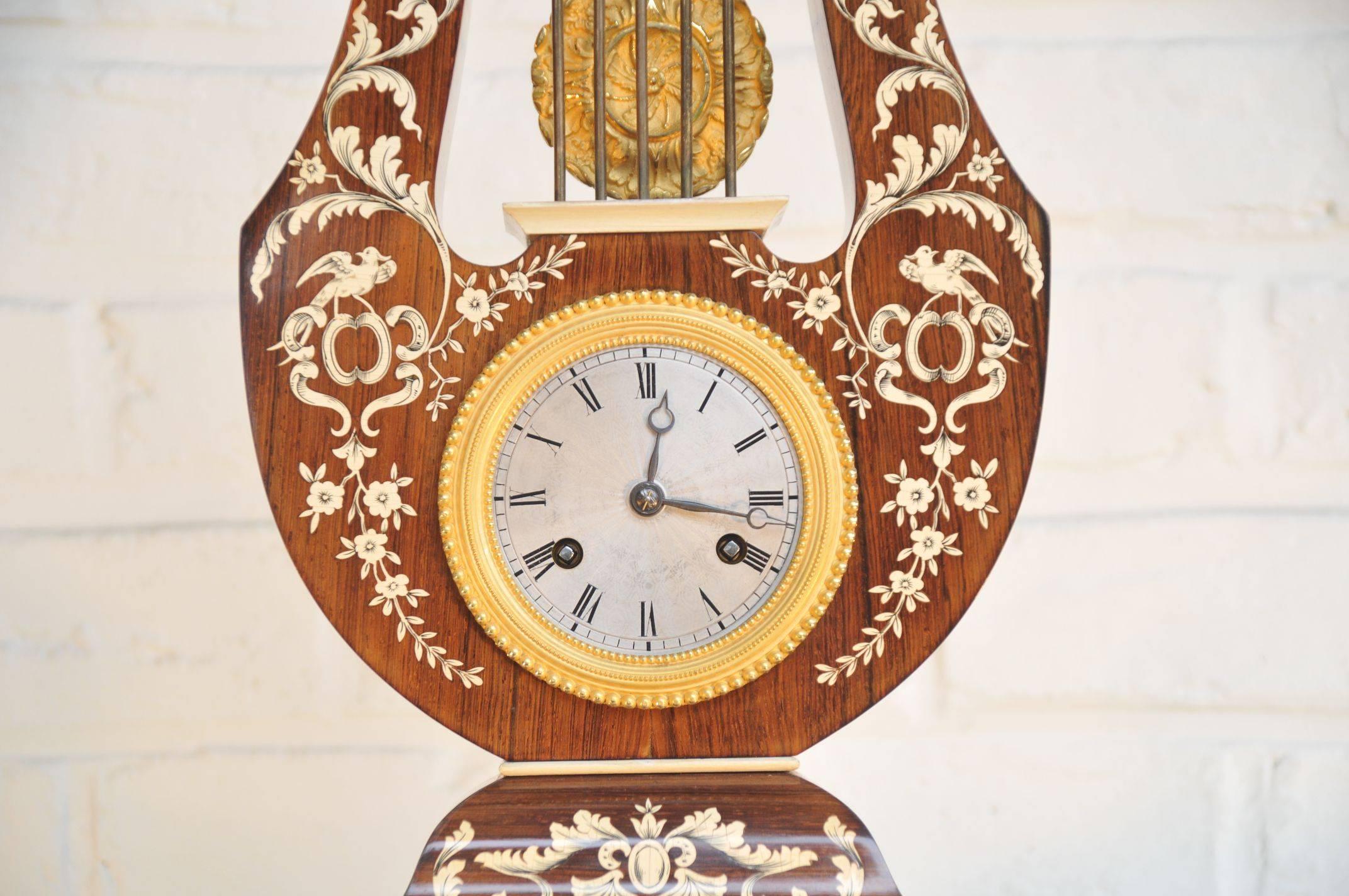 Charles X French Rosewood, Lyre Shaped Clock For Sale