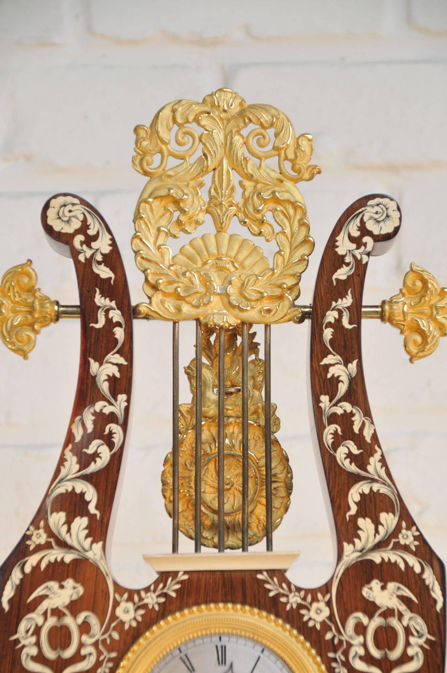 Inlay French Rosewood, Lyre Shaped Clock For Sale