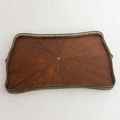 French Rosewood Marquetry Sunburst Serving Tray with Bronze Gallery, circa 1900
