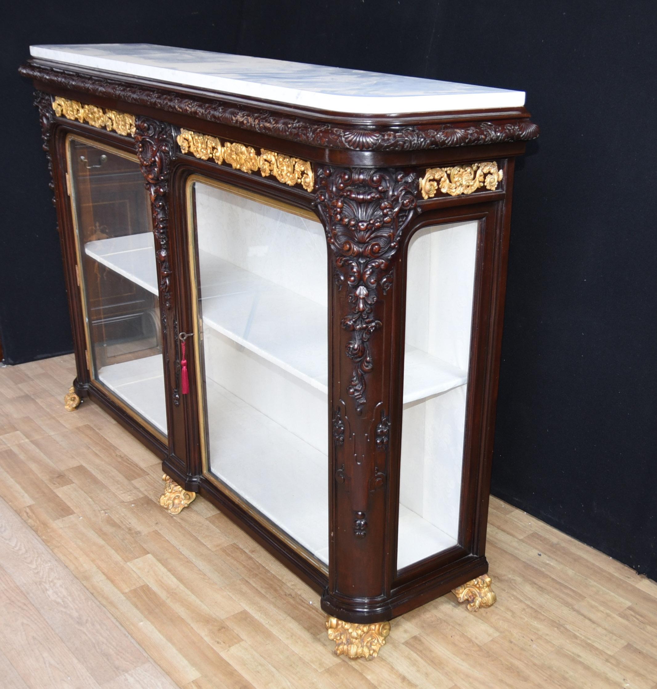Marble French Rosewood Sideboard Carved Display Cabinet For Sale