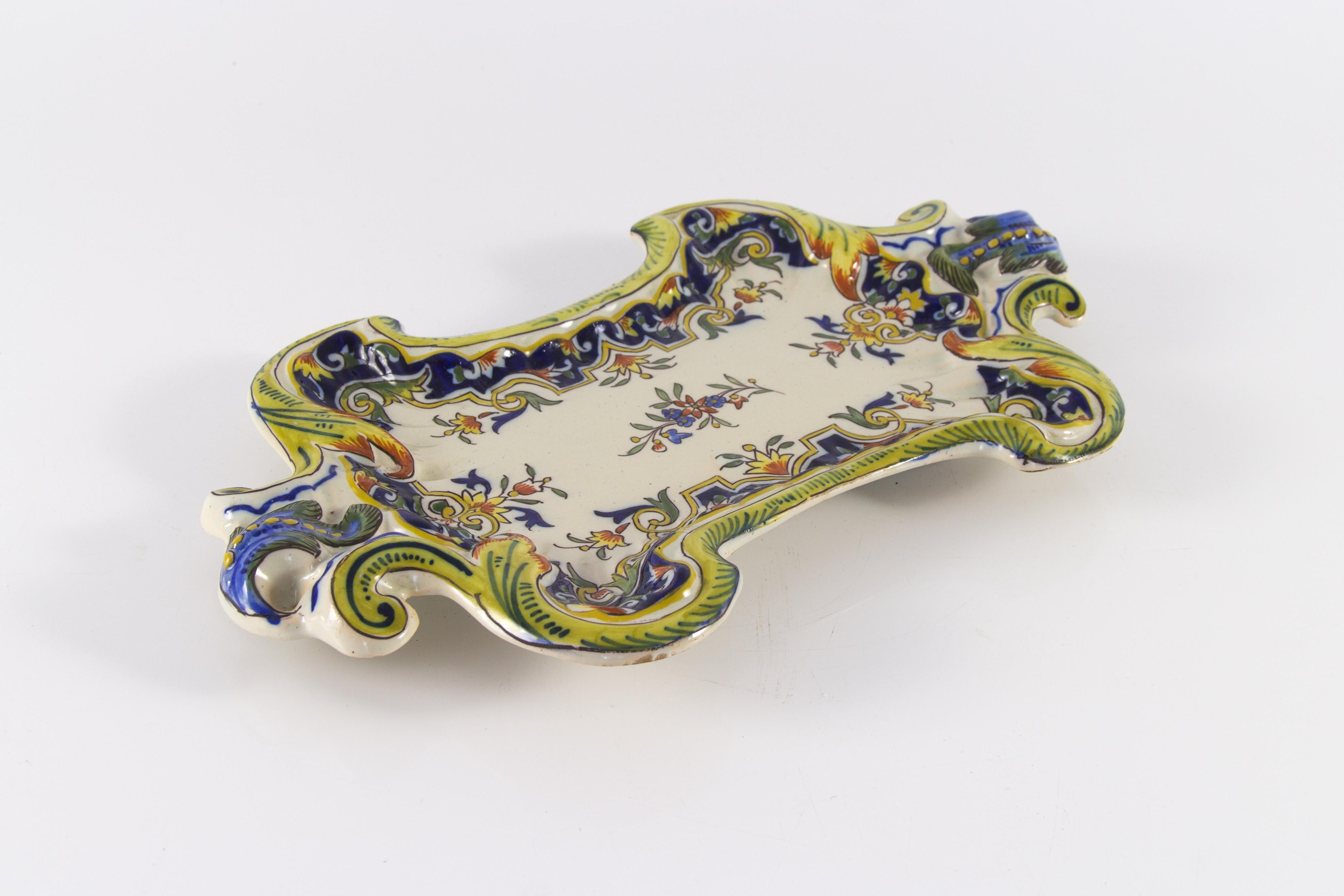 French Rouen Faience Hand Painted Decorative Wall Plate For Sale 3