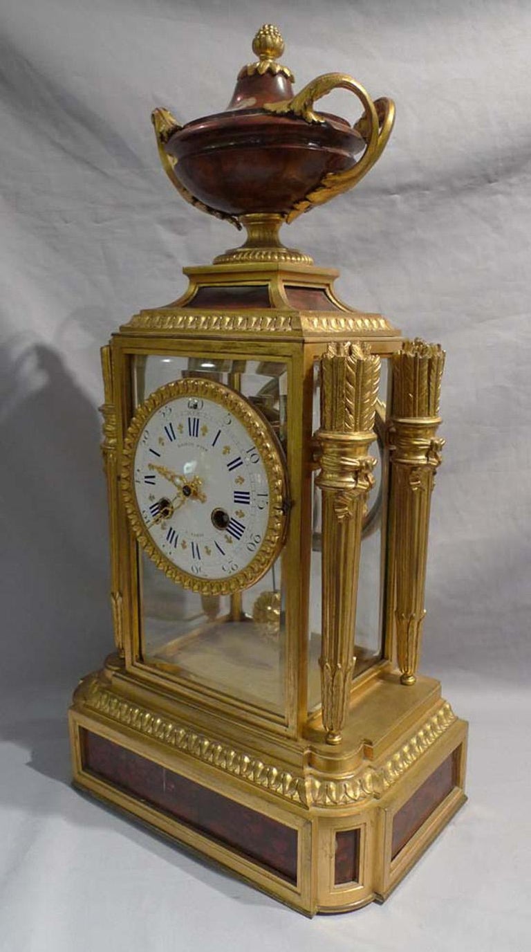 French rouge marble and ormolu four glass clock signed Raingo Freres In Good Condition For Sale In London, GB