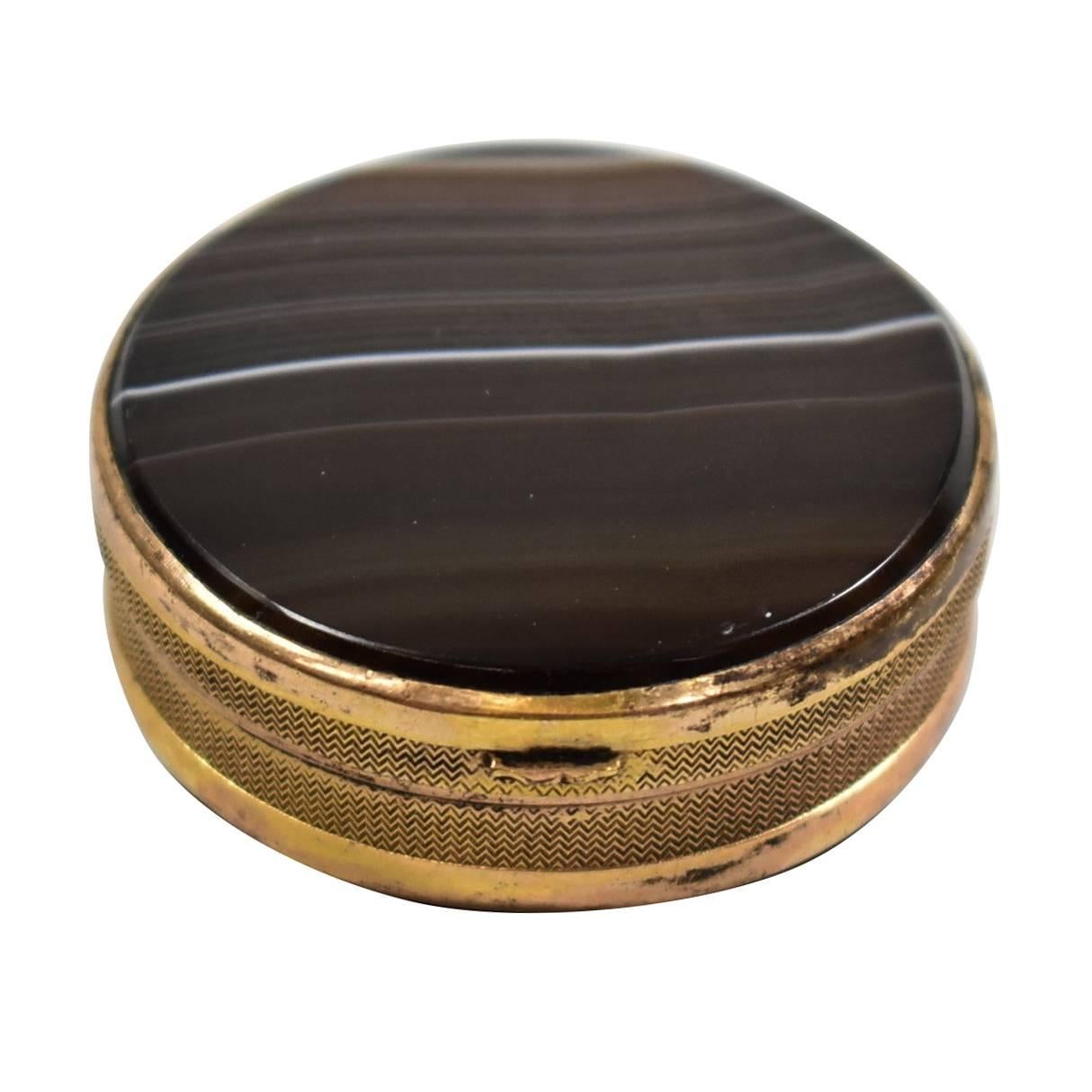 French Round Agate Brass Pill or Snuff Box Turn of the Century