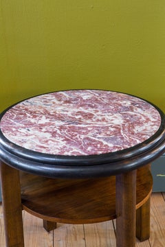 French Round Art Deco Mahogany Side Table with Red Marble Top, circa 1920