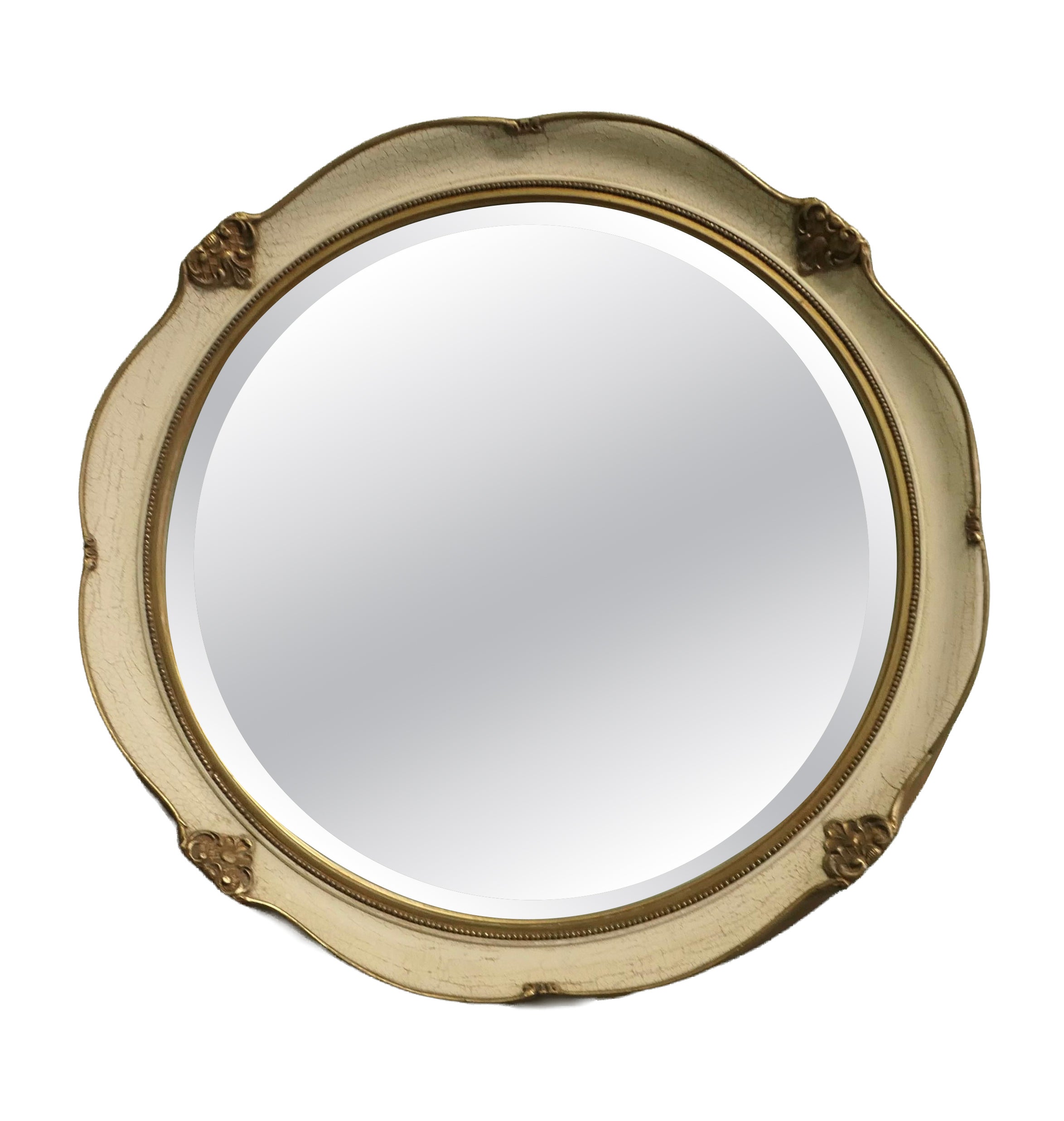 French Round Art Deco Wall Mirror in Gilt and Cream