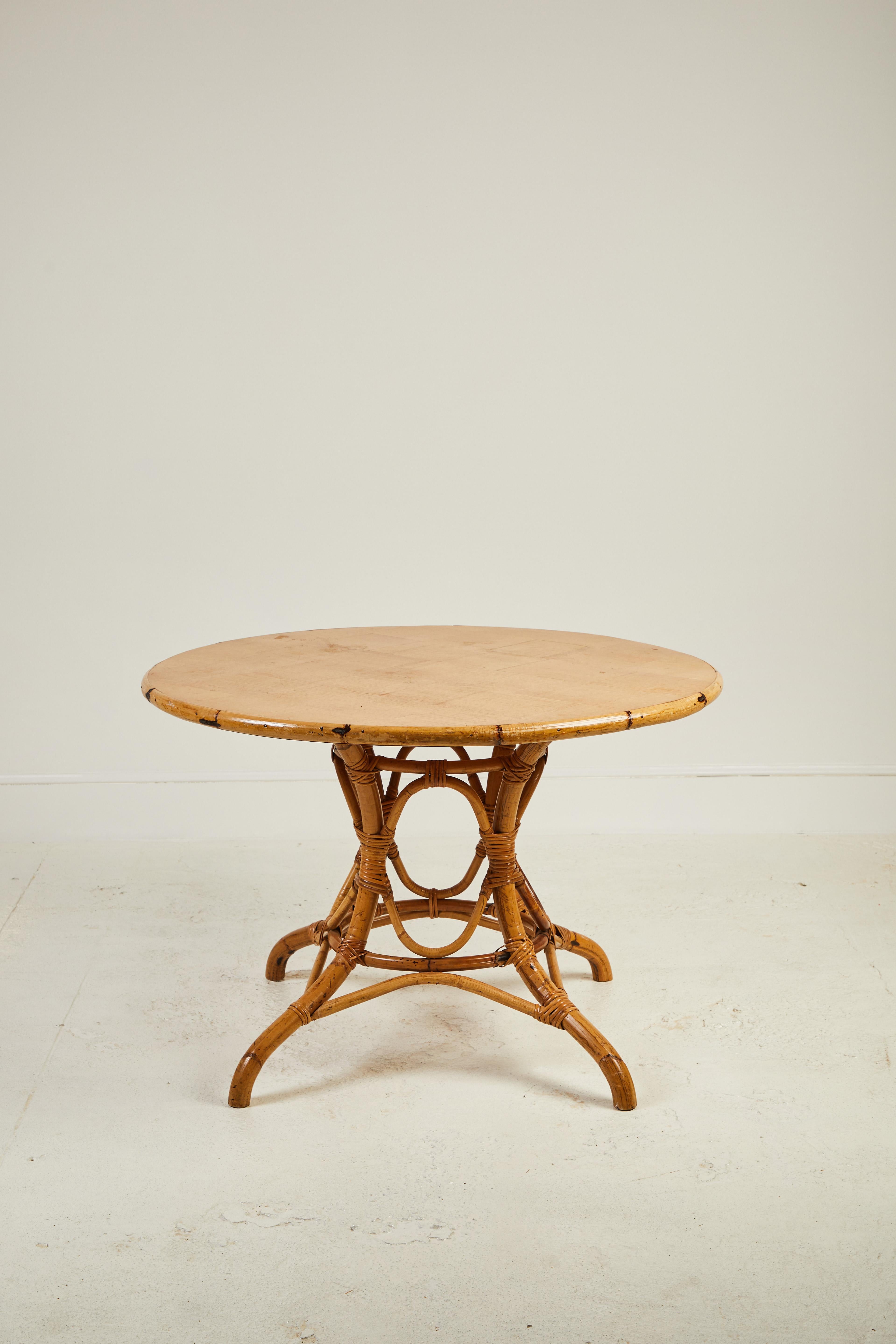 20th Century French Round Bamboo Dining Table 