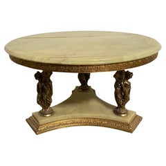 Vintage French Round Brass and Onyx Coffee Table