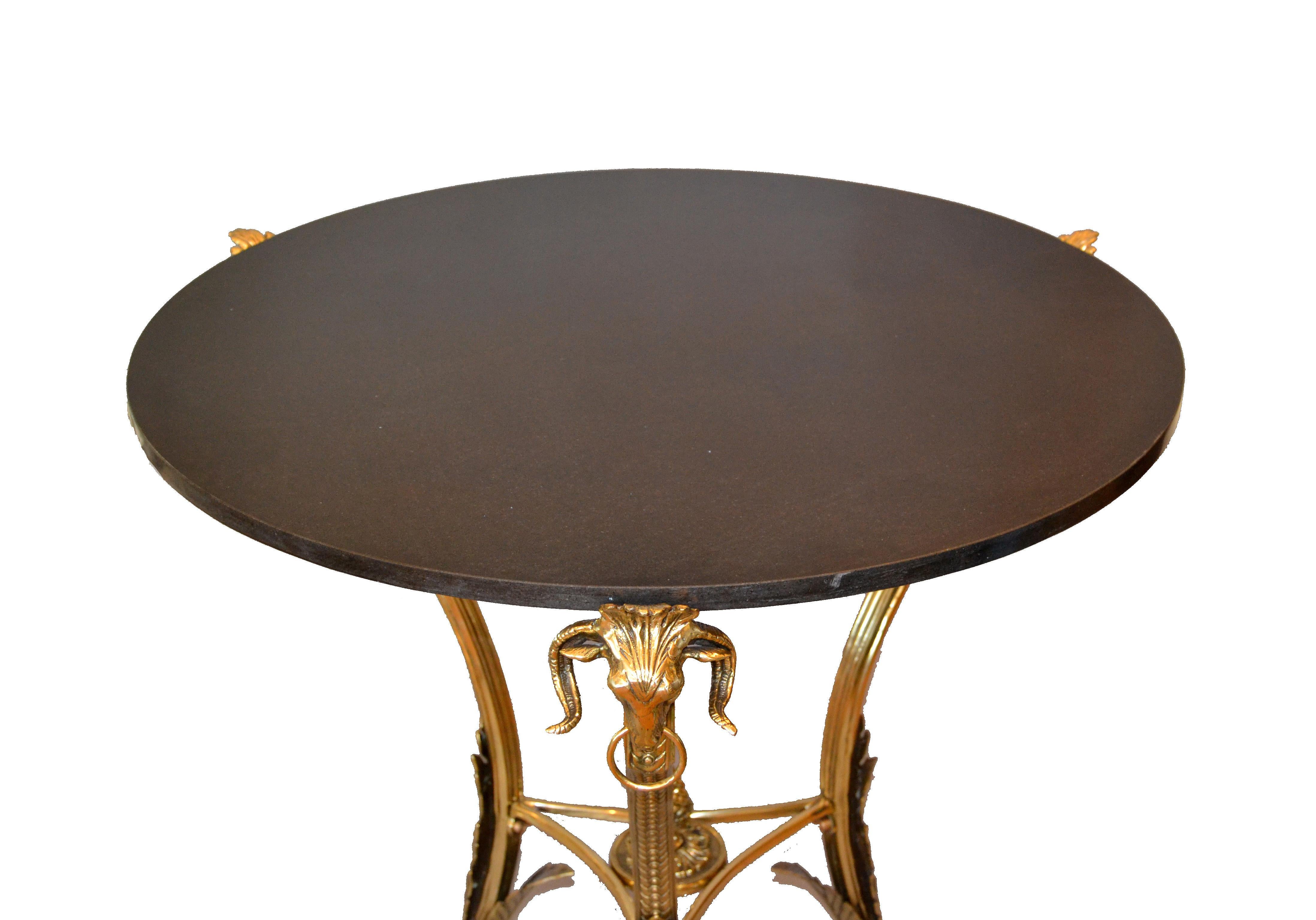 French Round Bronze Gueridon Style Table Rams Heads and Feet with Granite Top For Sale 4