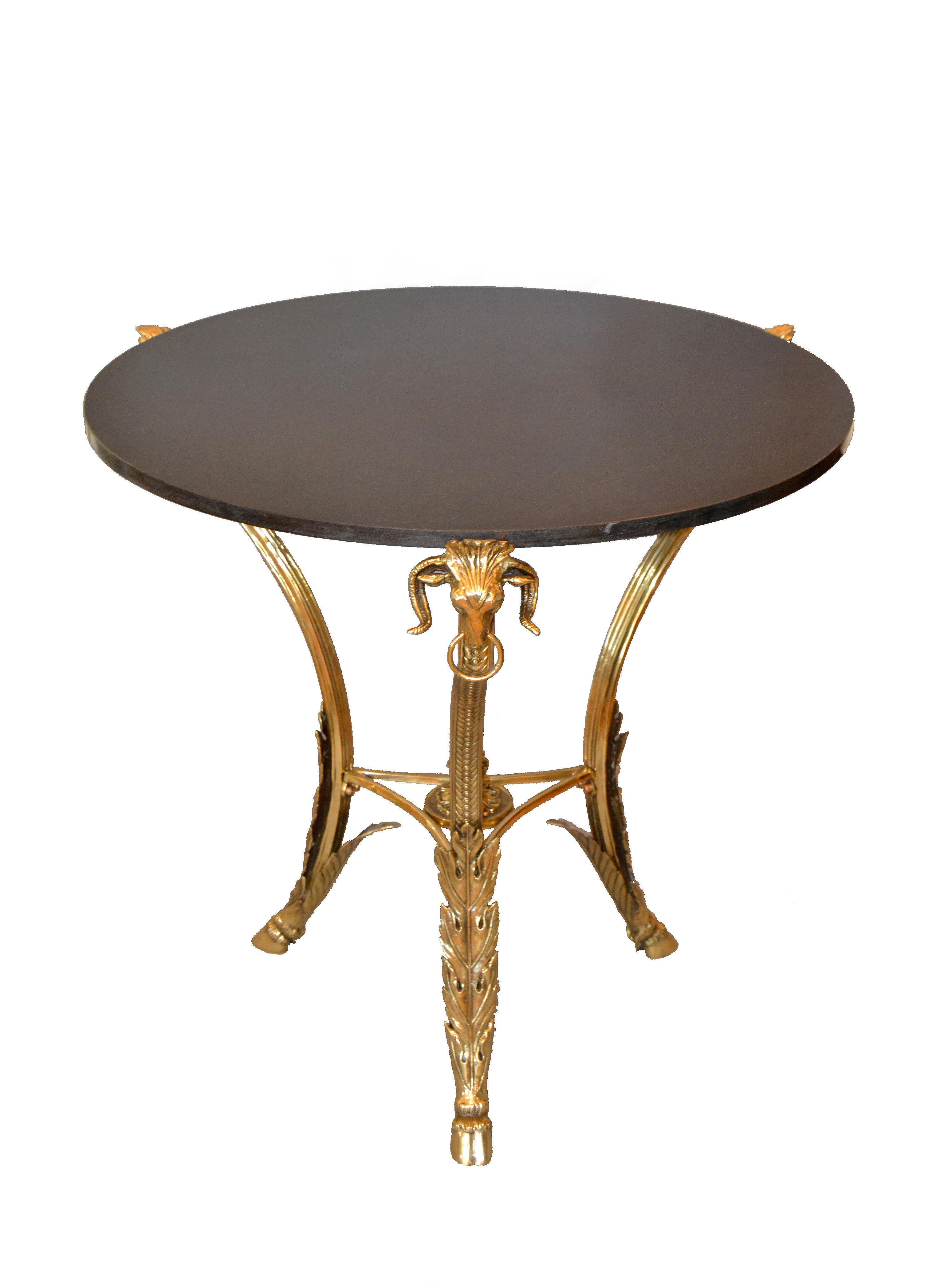 French Round Bronze Gueridon Style Table Rams Heads and Feet with Granite Top For Sale 5