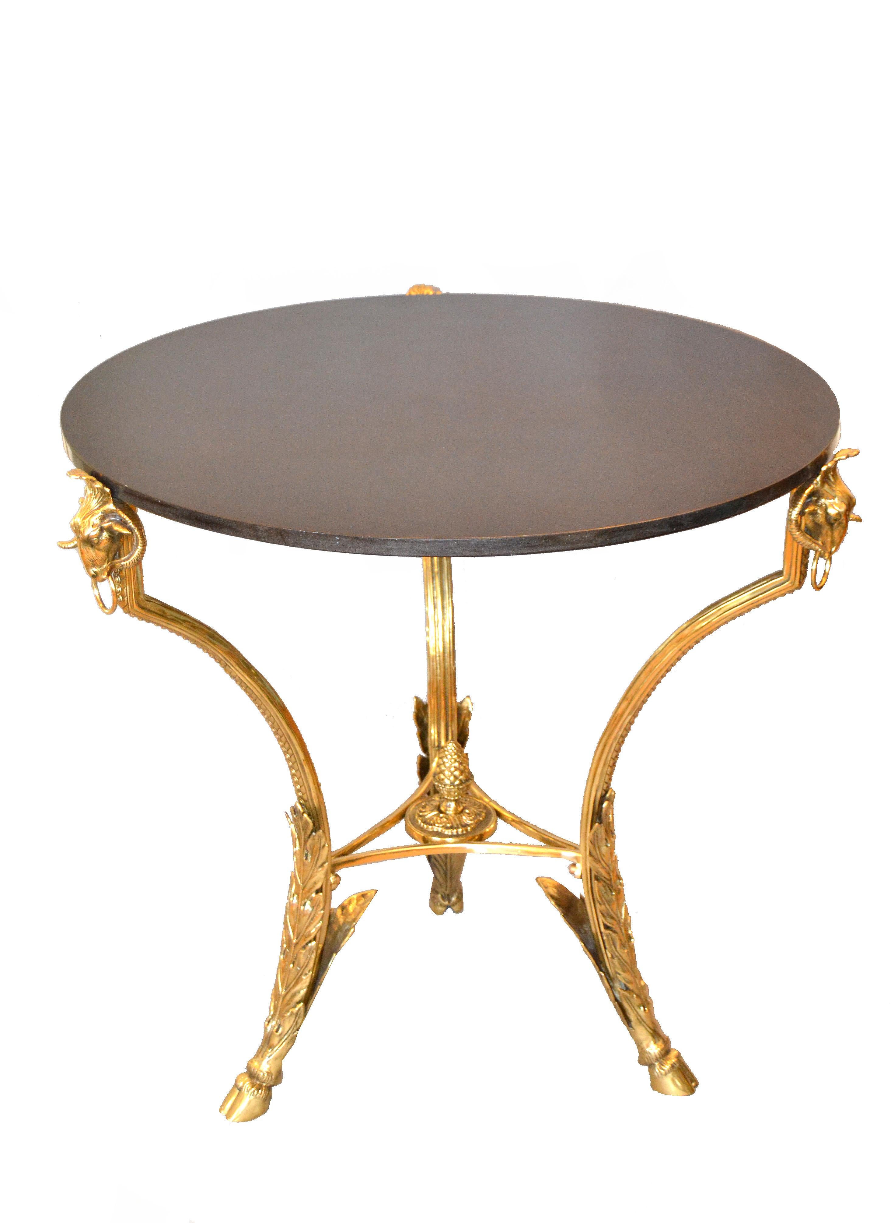 French Provincial French Round Bronze Gueridon Style Table Rams Heads and Feet with Granite Top For Sale