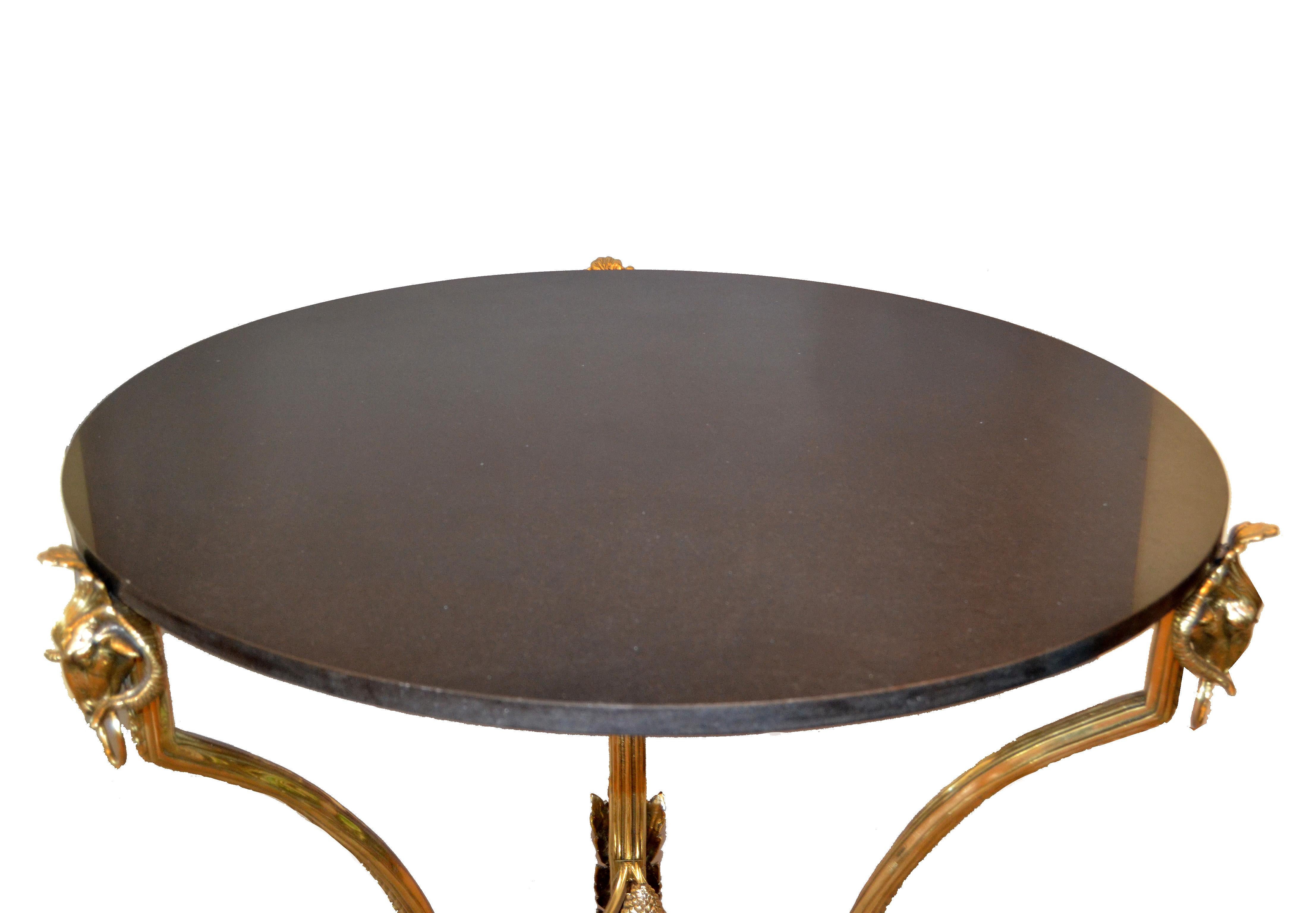 Polished French Round Bronze Gueridon Style Table Rams Heads and Feet with Granite Top For Sale