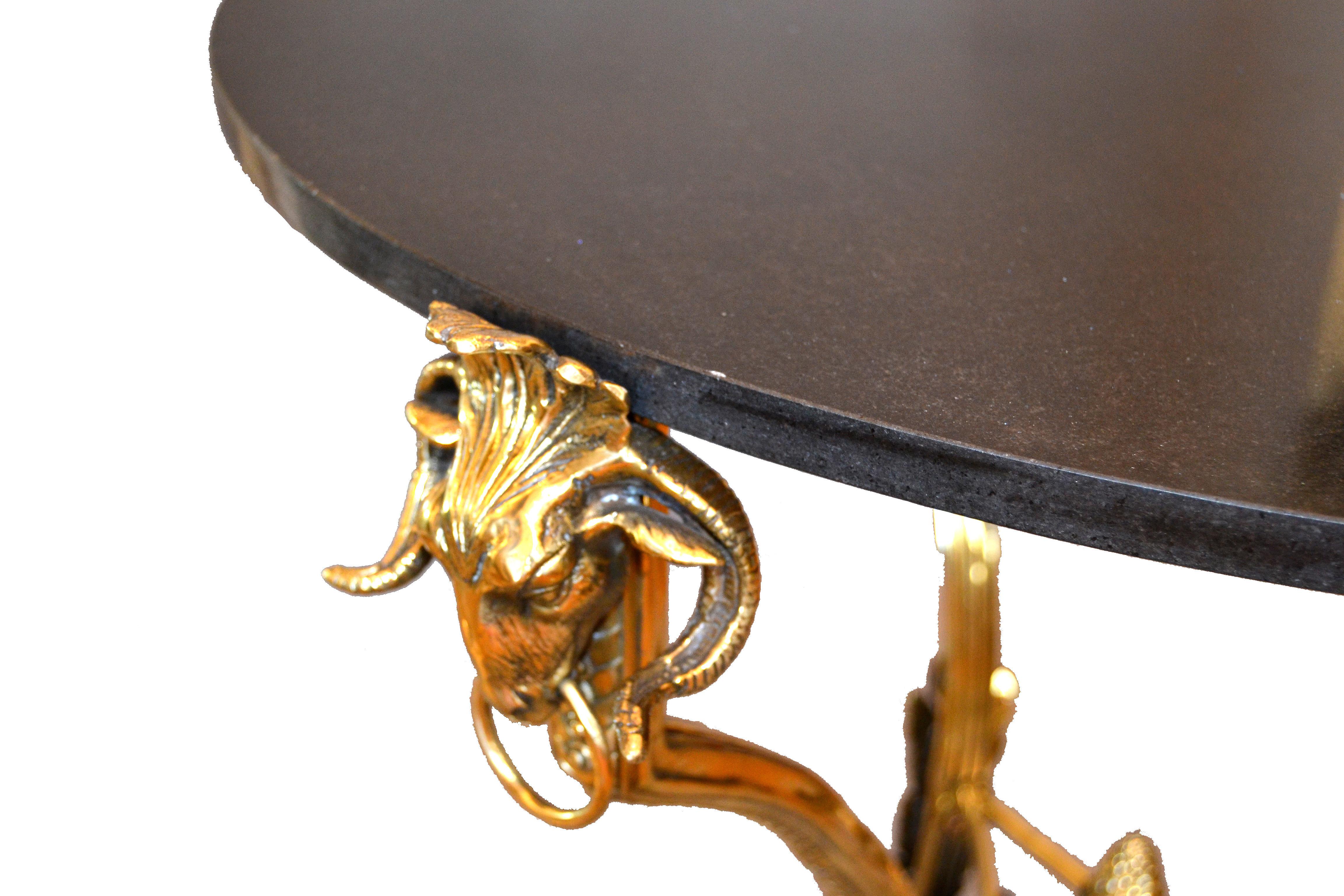 19th Century French Round Bronze Gueridon Style Table Rams Heads and Feet with Granite Top For Sale