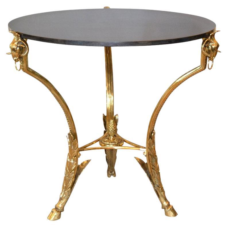 French Round Bronze Gueridon Style Table Rams Heads and Feet with Granite Top For Sale