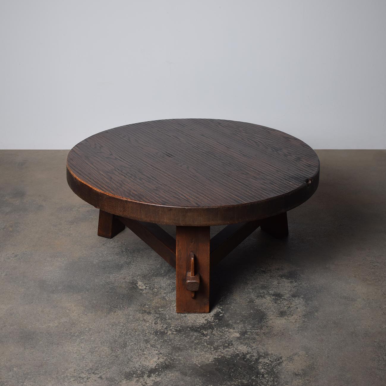 Hand-Crafted French Round Brutalist Solid Oak Tripod Coffee Table 1960s For Sale