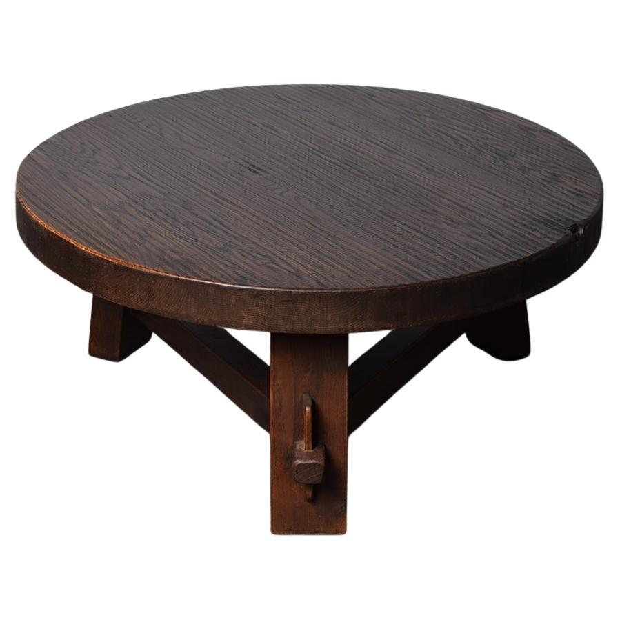 French Round Brutalist Solid Oak Tripod Coffee Table 1960s For Sale