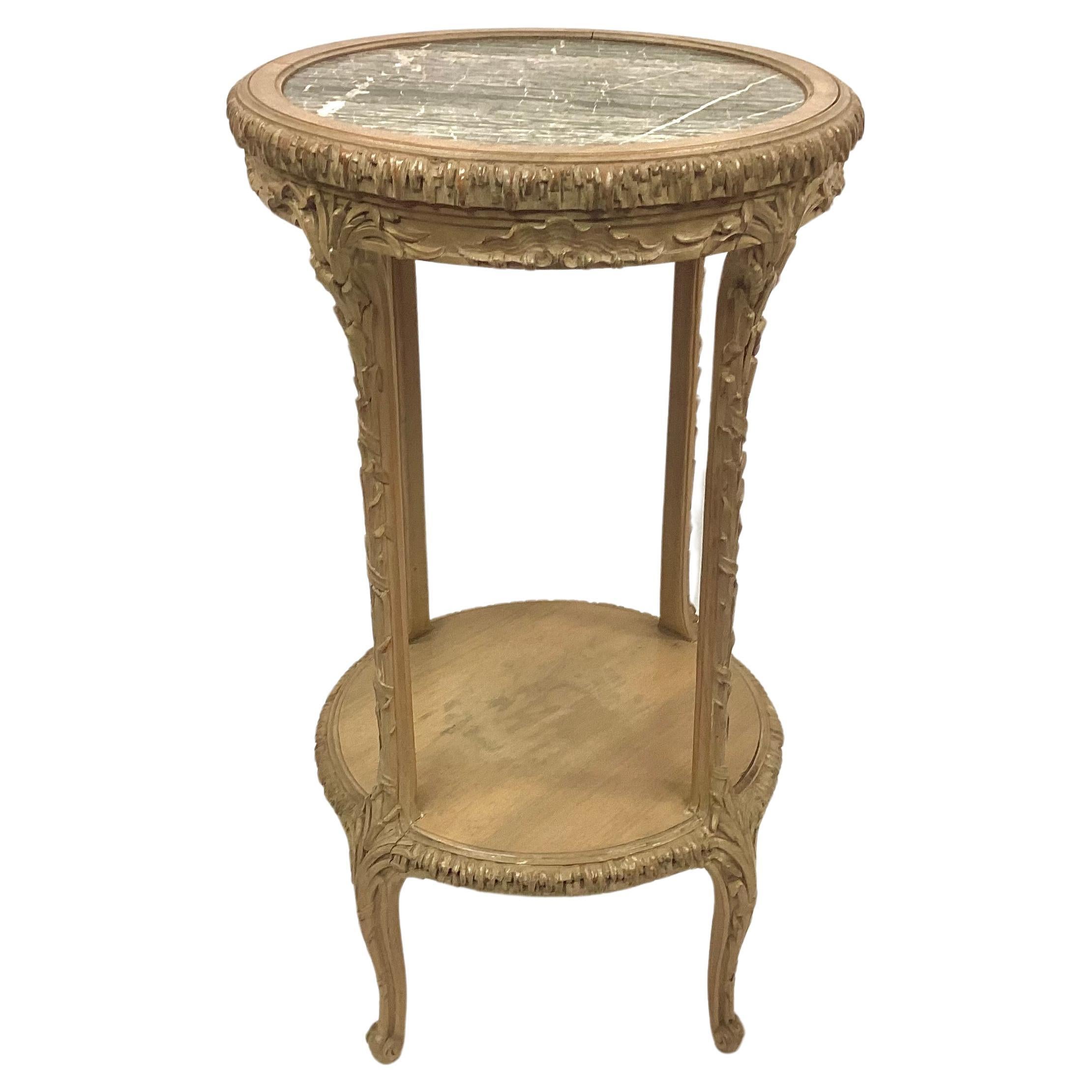 French Round Carved Side Table With Marble Top