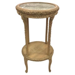 Antique French Round Carved Side Table With Marble Top