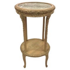 French Round Carved Side Table With Marble Top