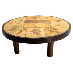 French Round Coffee Table Herbarium Vallauris Ceramics Signed Raymonde Leduc