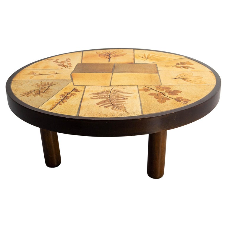 Table Basse Vintage Raymonde Leduc – Céramique Herbier Vallauris, Années 1960 (bon état)