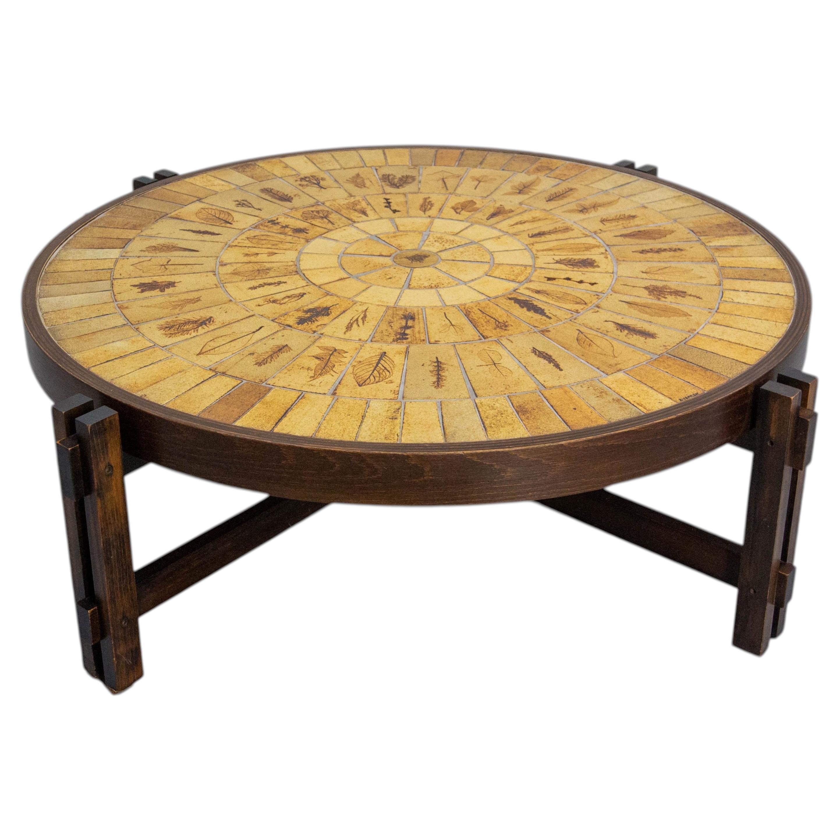 French Round Coffee Table Herbarium Vallauris Faience Top by Roger Capron