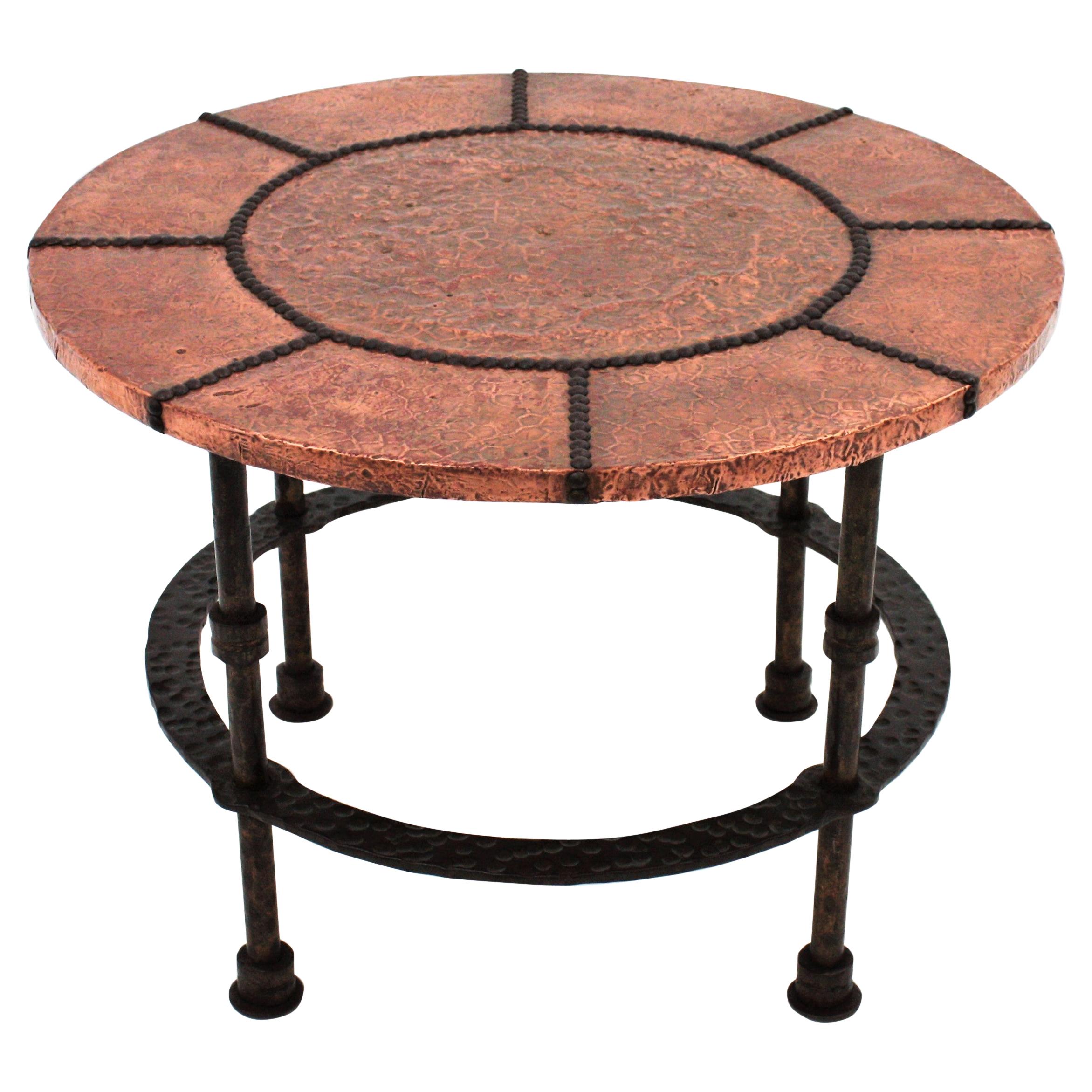 French Round Coffee Table in Wrought Iron and Copper