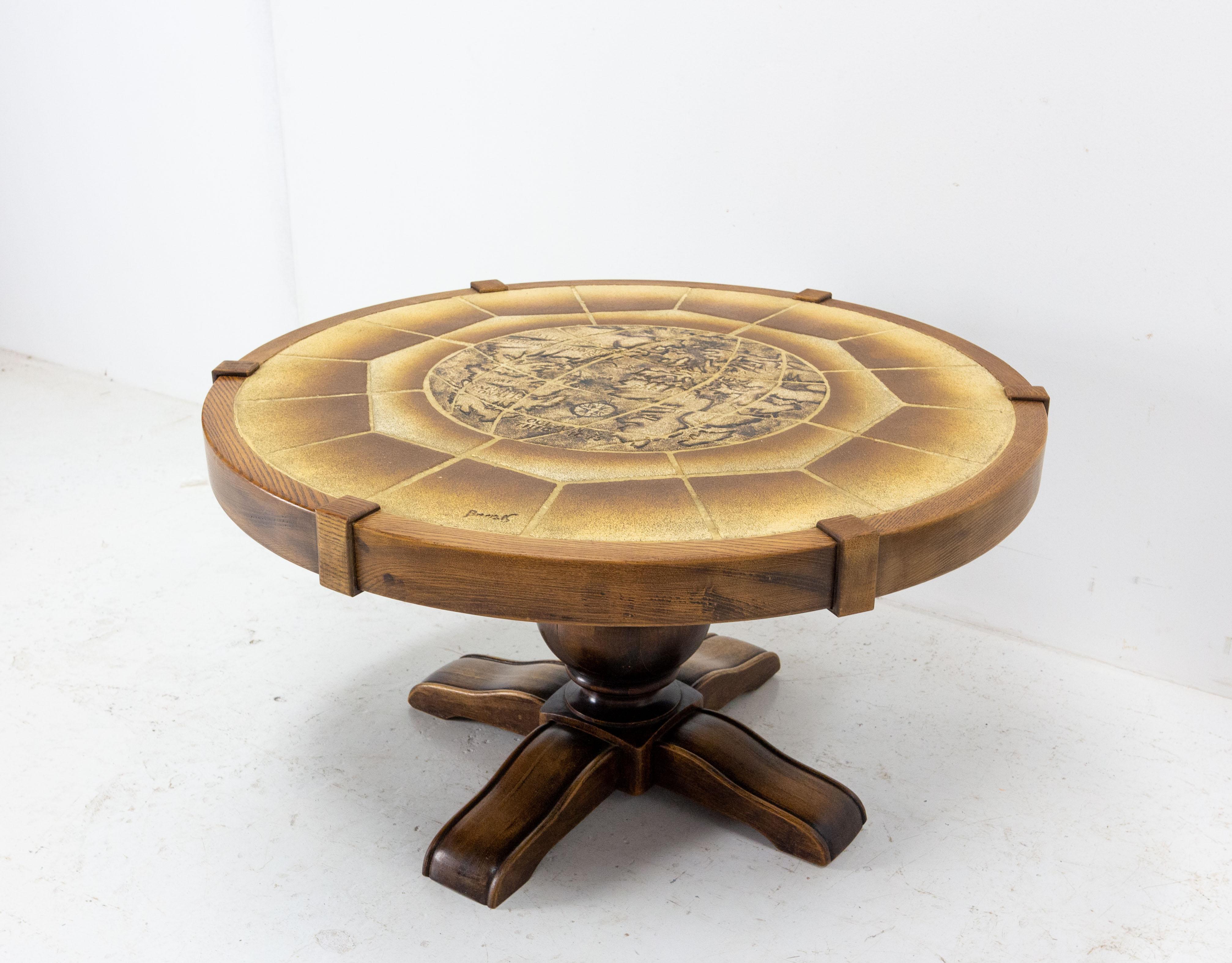 Mid-Century Modern French Round Coffee Table with Vallauris Ceramic World Representation, c. 1970 For Sale
