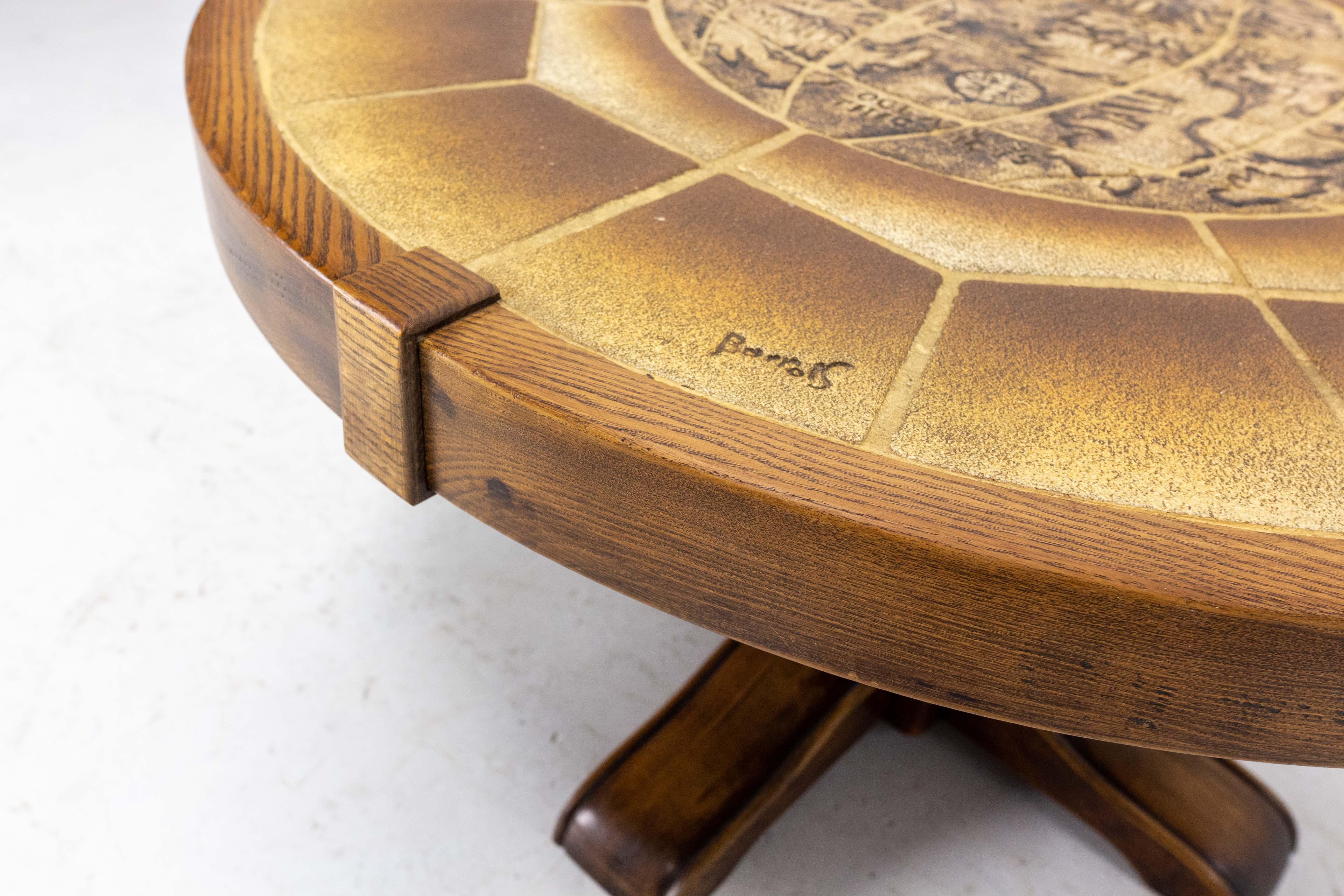 French Round Coffee Table with Vallauris Ceramic World Representation, c. 1970 For Sale 3