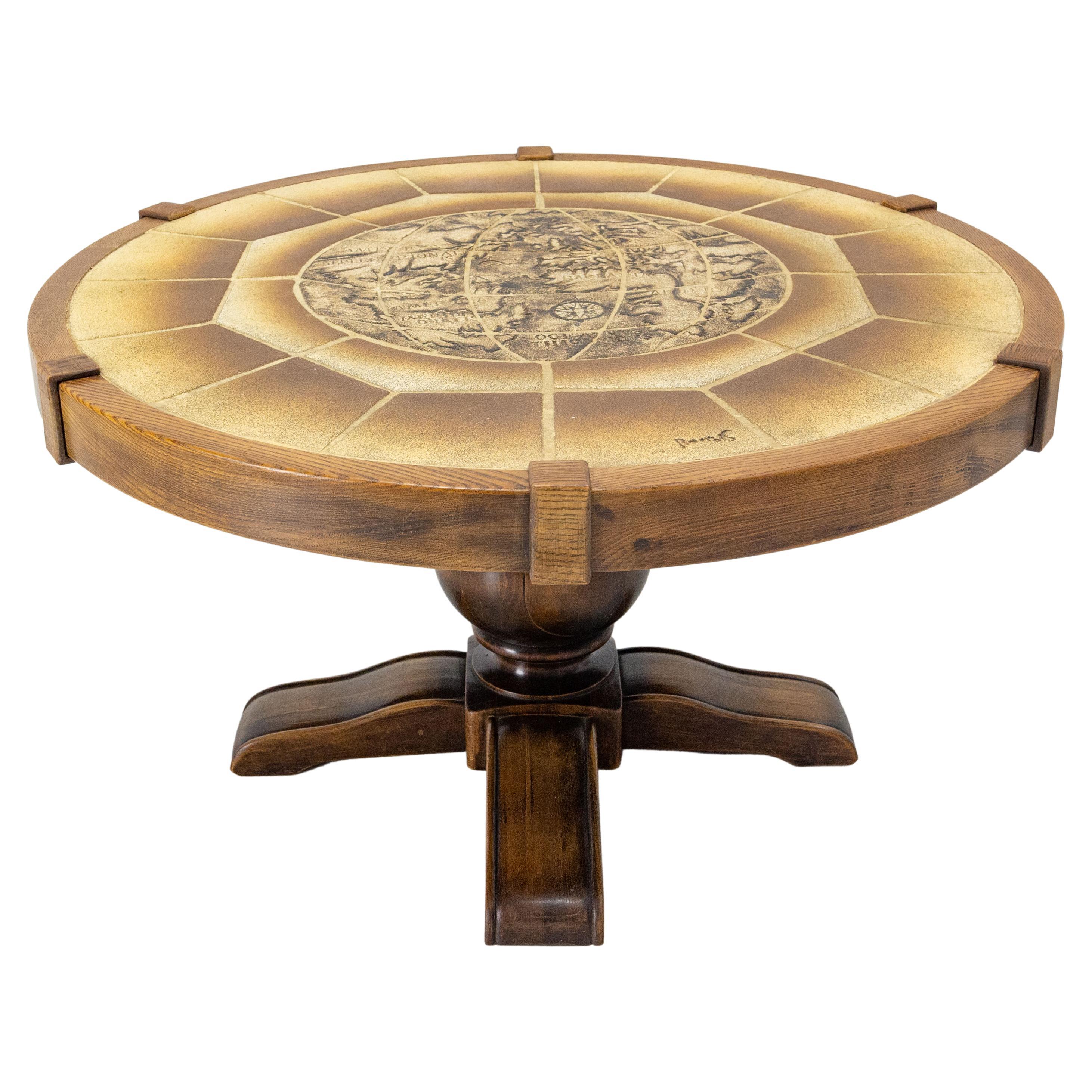 French Round Coffee Table with Vallauris Ceramic World Representation, c. 1970 For Sale