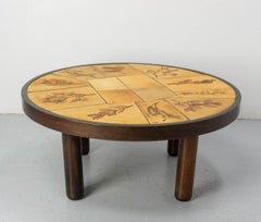 French Round Coffee Table with Vallauris Ceramics Signed Leduc, Capron style