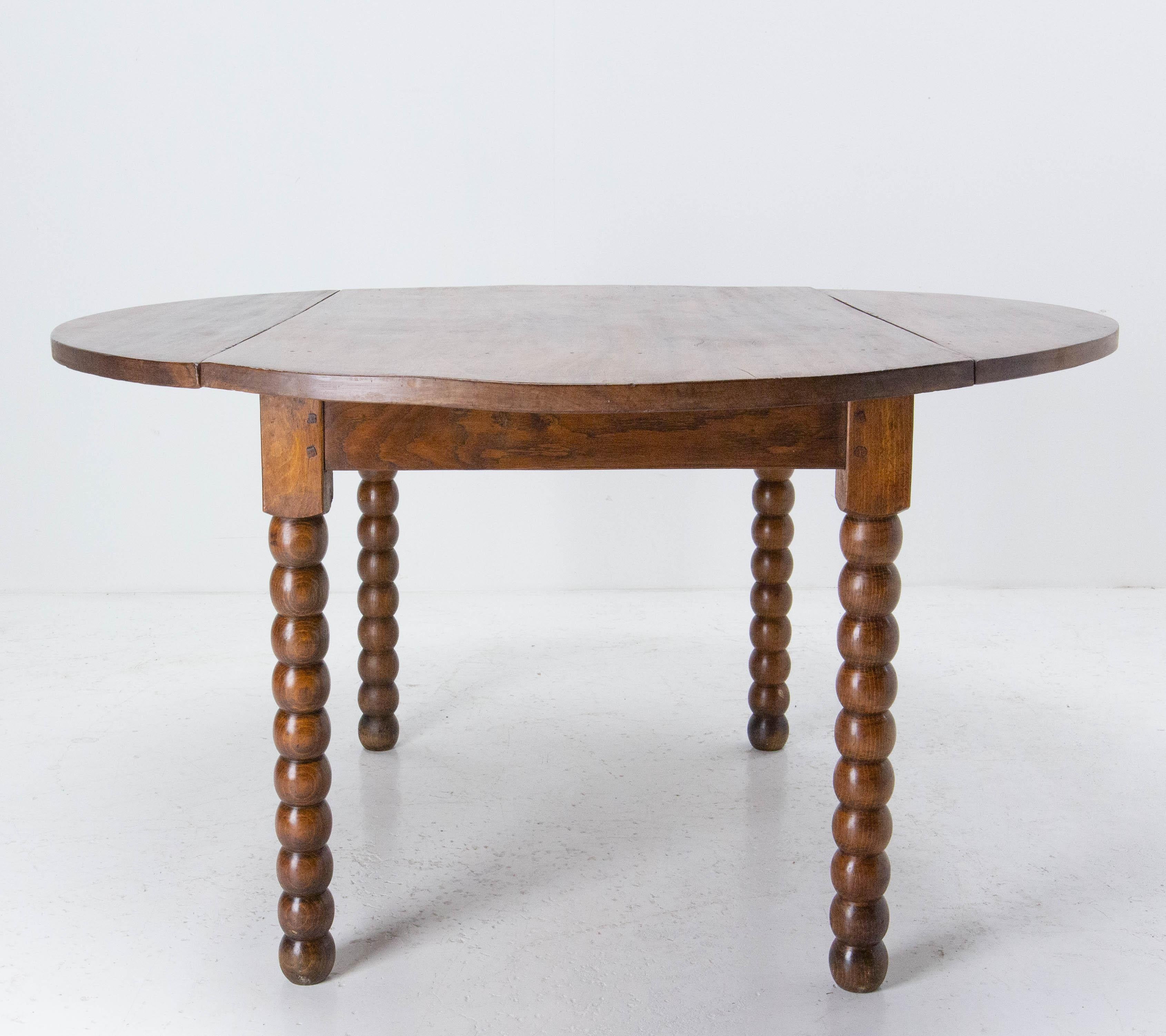 Mid-Century Modern French Round Dining Table Drop Leaves, Turned Legs, circa 1940