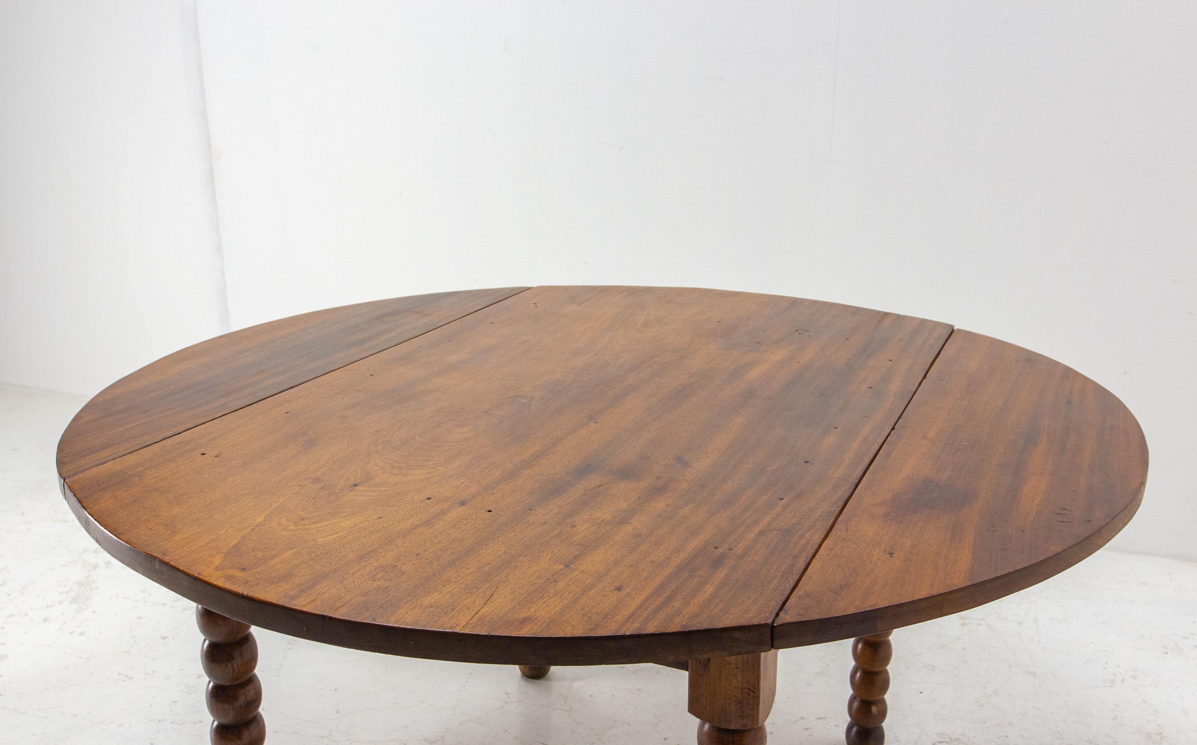 Beech French Round Dining Table Drop Leaves, Turned Legs, circa 1940