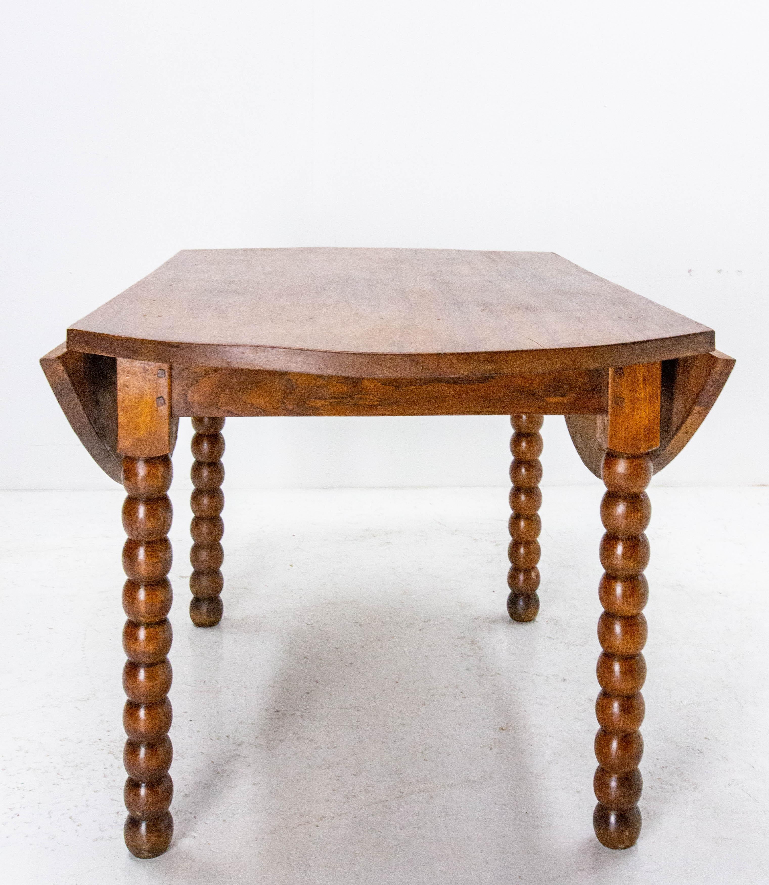 French Round Dining Table Drop Leaves, Turned Legs, circa 1940 1
