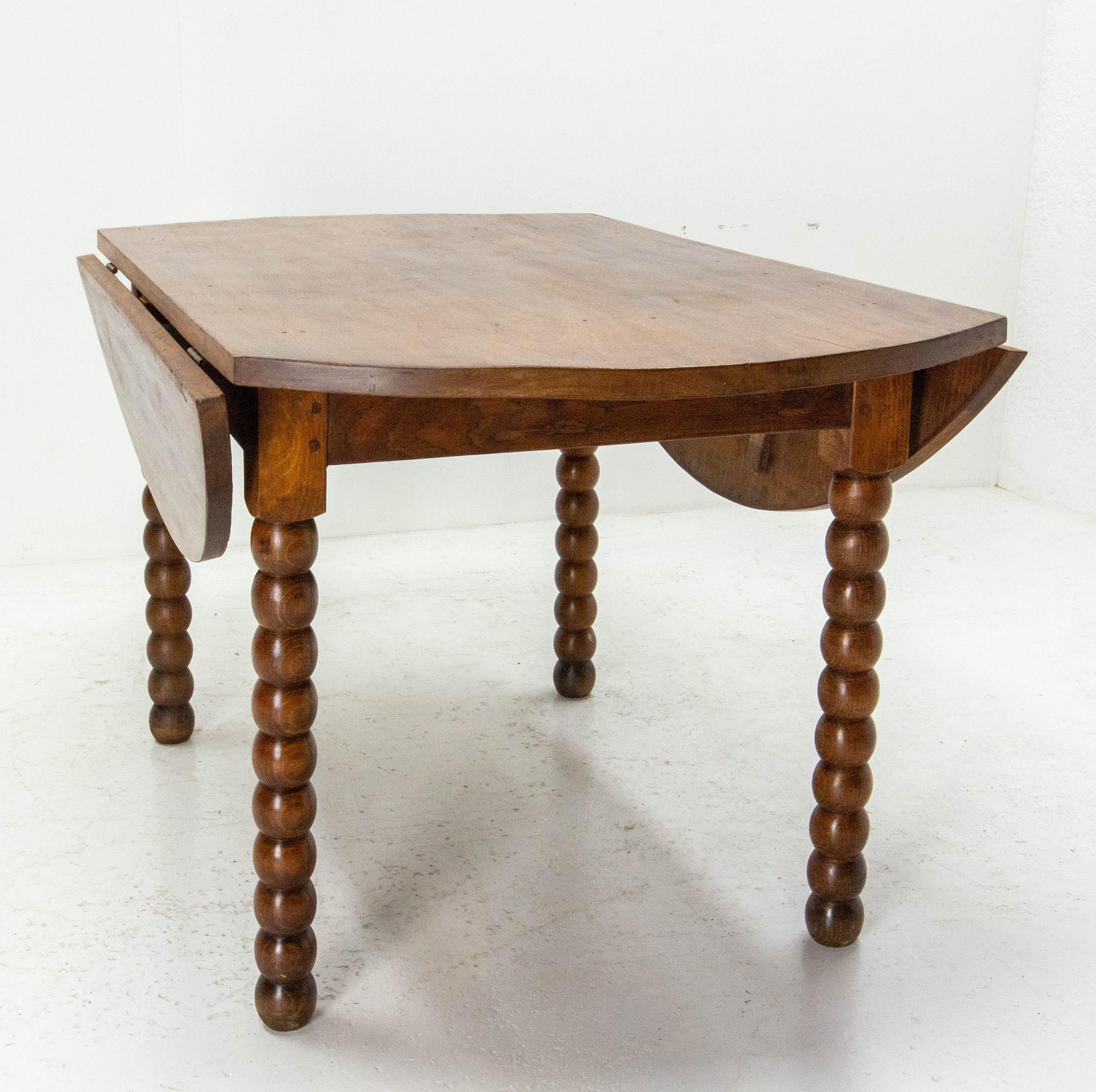 French Round Dining Table Drop Leaves, Turned Legs, circa 1940 2