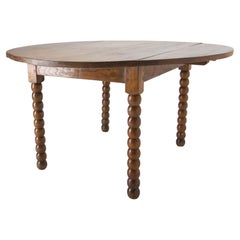 French Round Dining Table Drop Leaves, Turned Legs, circa 1940