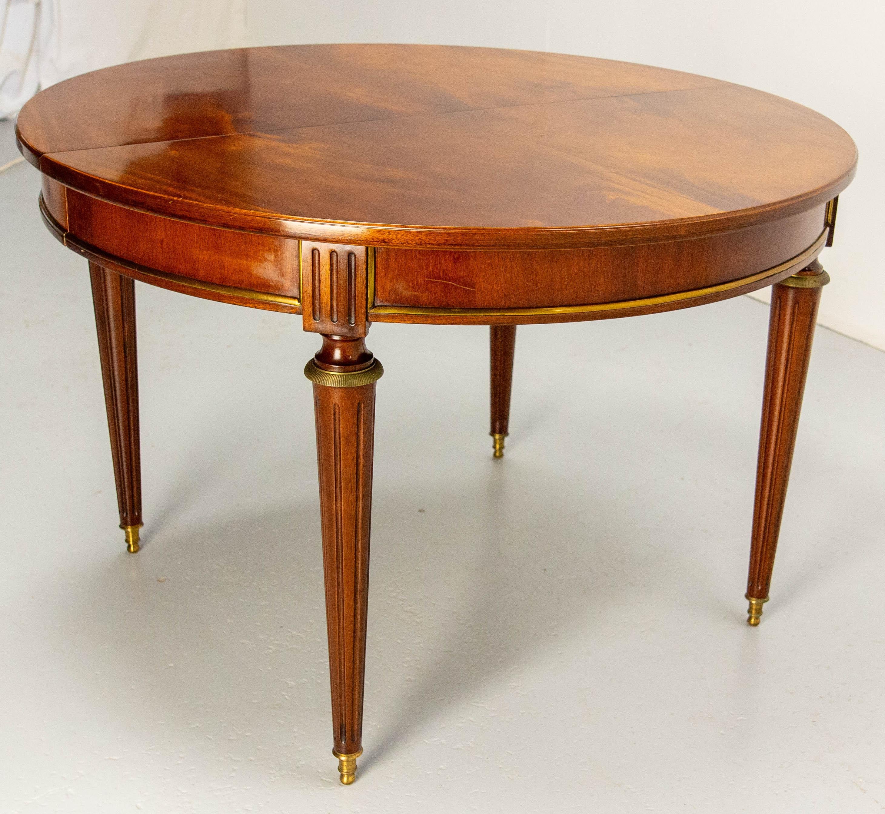 20th Century French Round Dining Extending Table Louis 16 Style, Iroko & Brass 1960 For Sale
