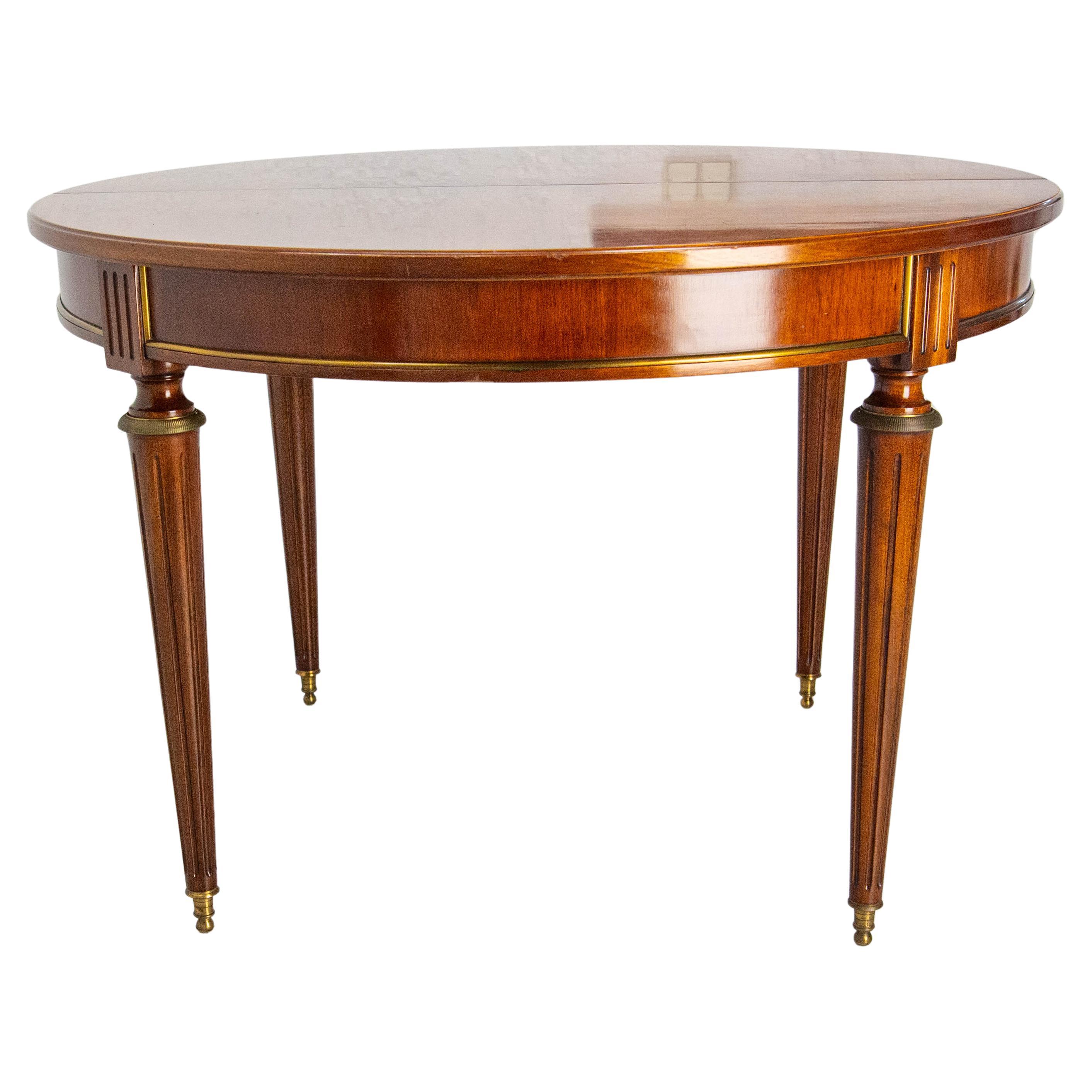 French Round Dining Extending Table Louis 16 Style, Iroko & Brass 1960 For Sale