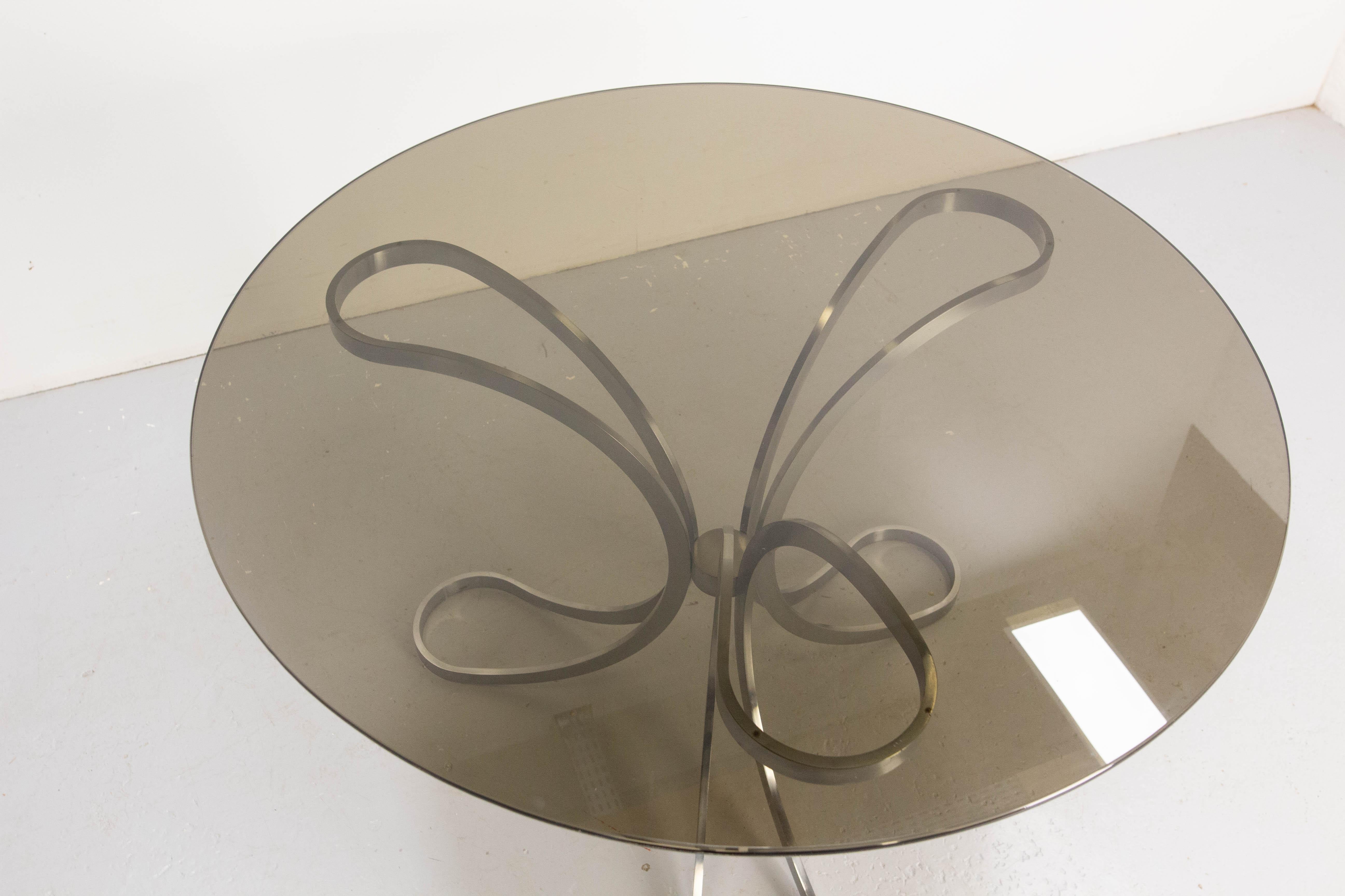 Mesa de Comedor Redonda Francesa Cristal Ahumado y Cromo, Mediados de Siglo en venta 3