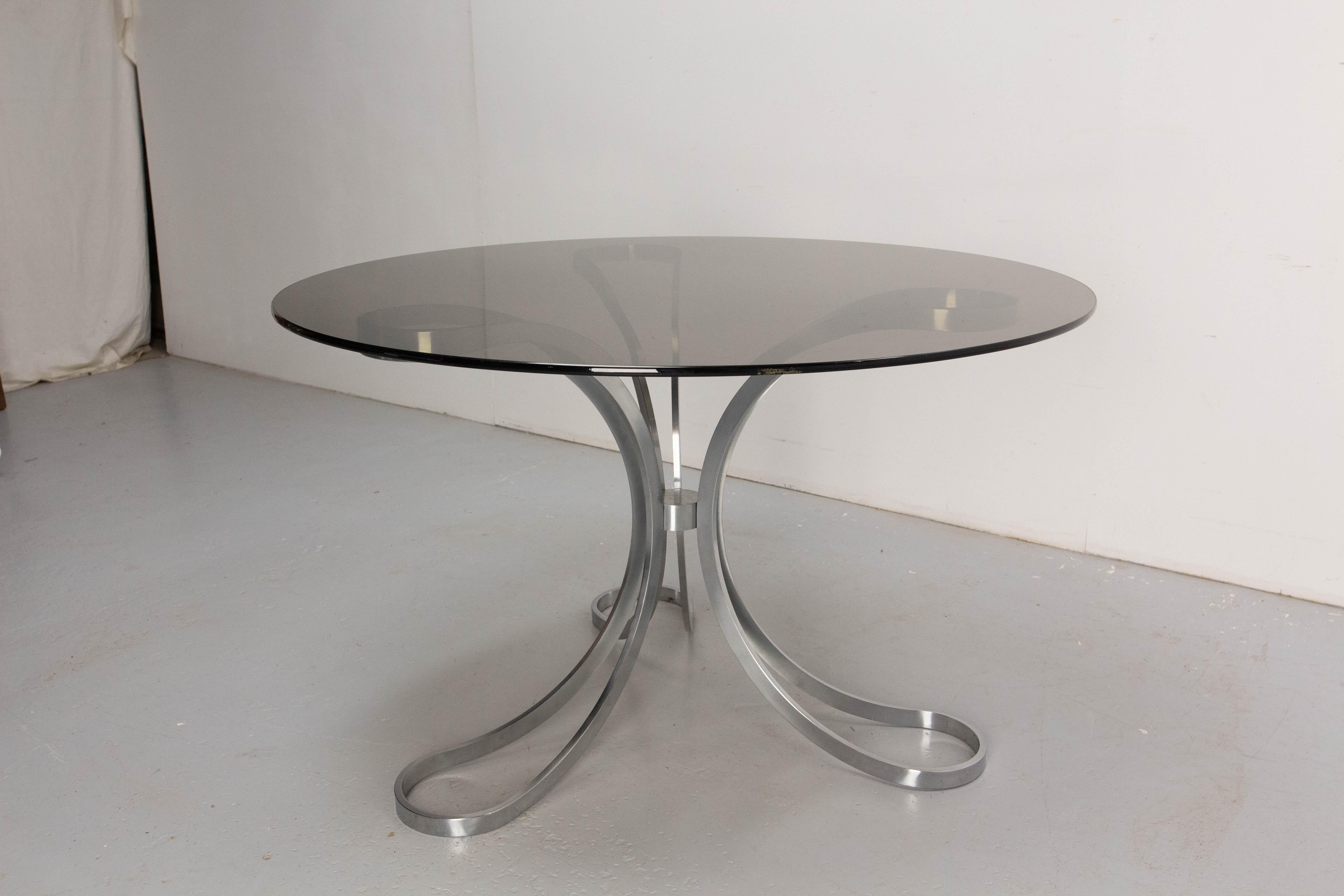 Mesa de Comedor Redonda Francesa Cristal Ahumado y Cromo, Mediados de Siglo siglo XX en venta