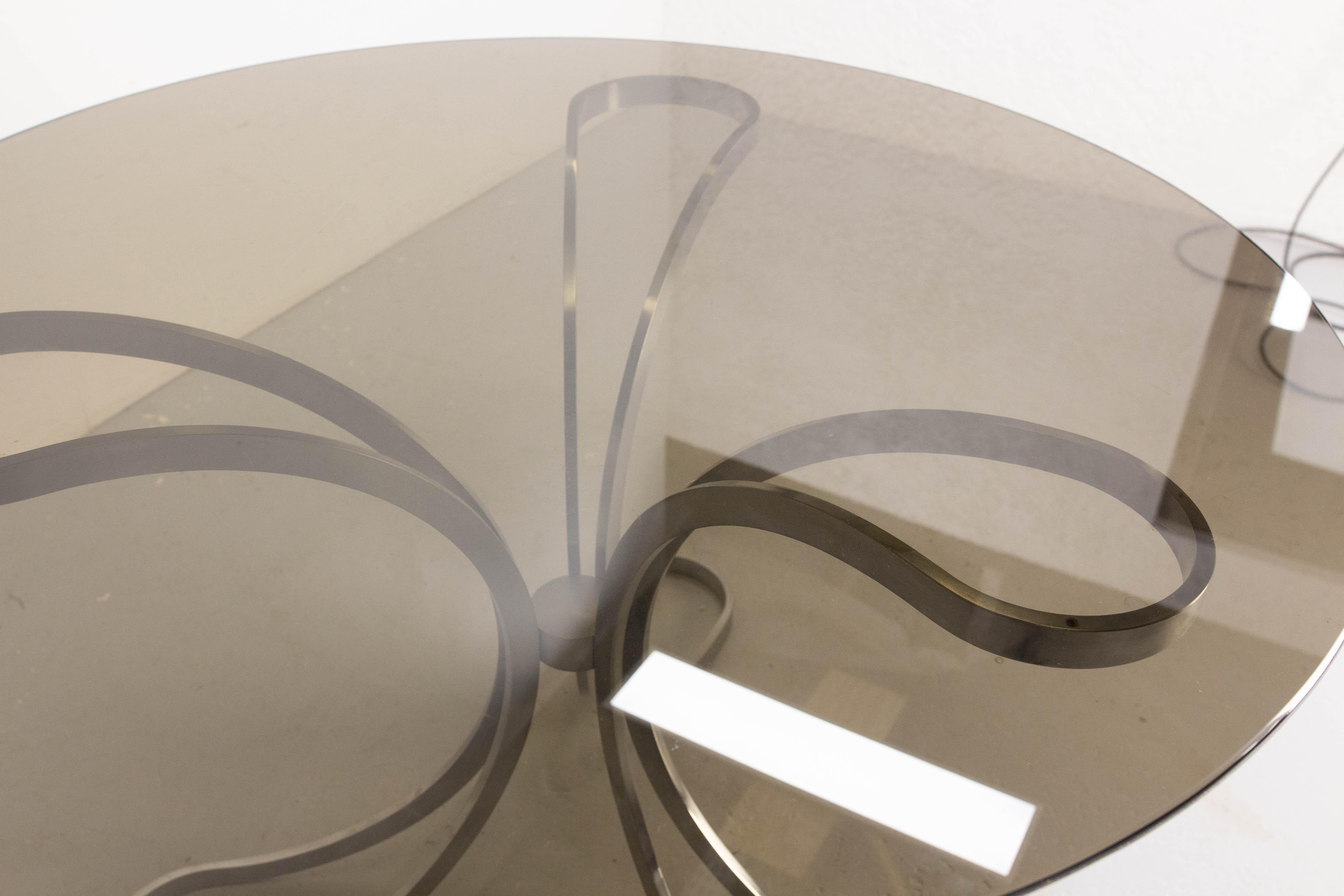 Mesa de Comedor Redonda Francesa Cristal Ahumado y Cromo, Mediados de Siglo en venta 2